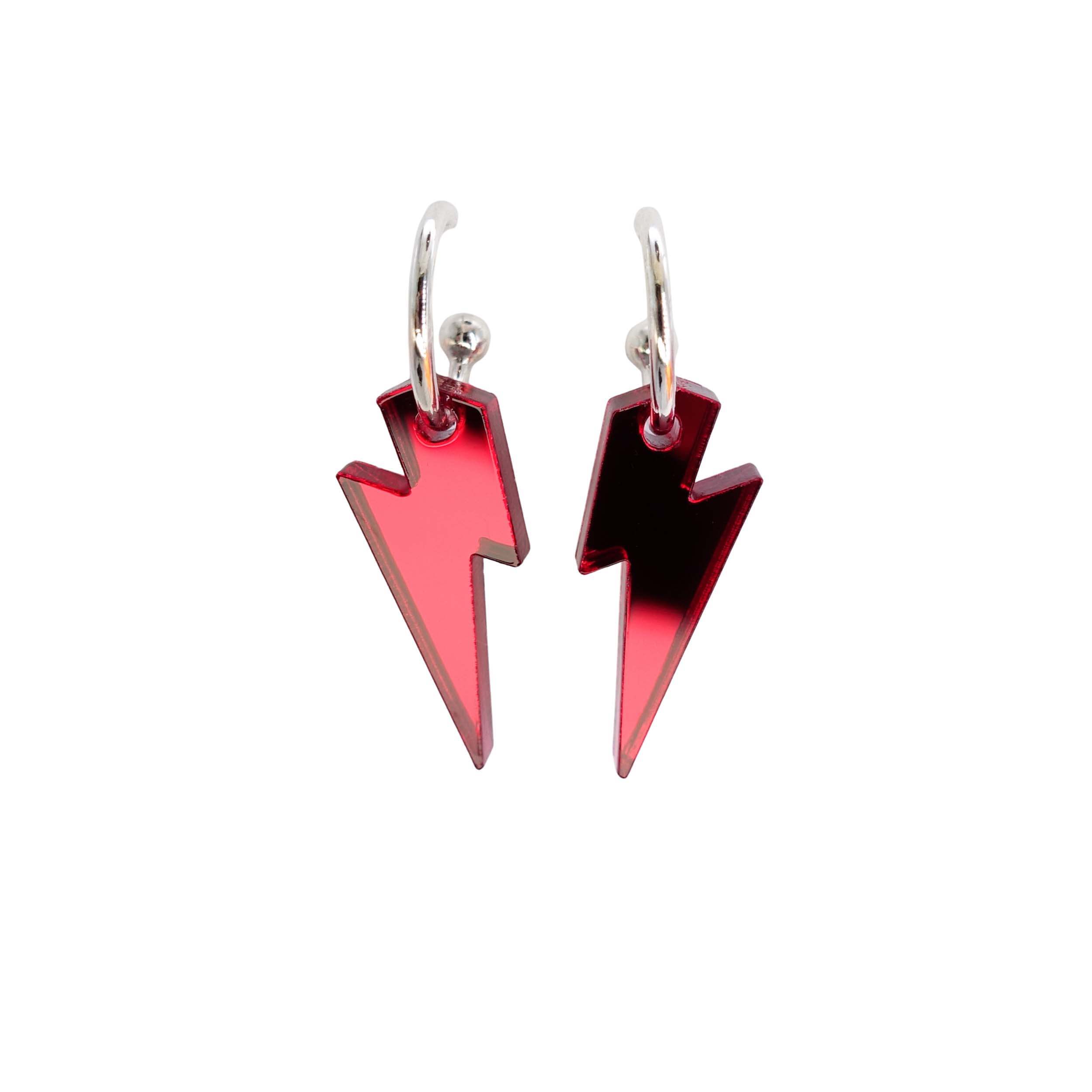 Small ruby red mirror mix and match lightning bolt earrings.