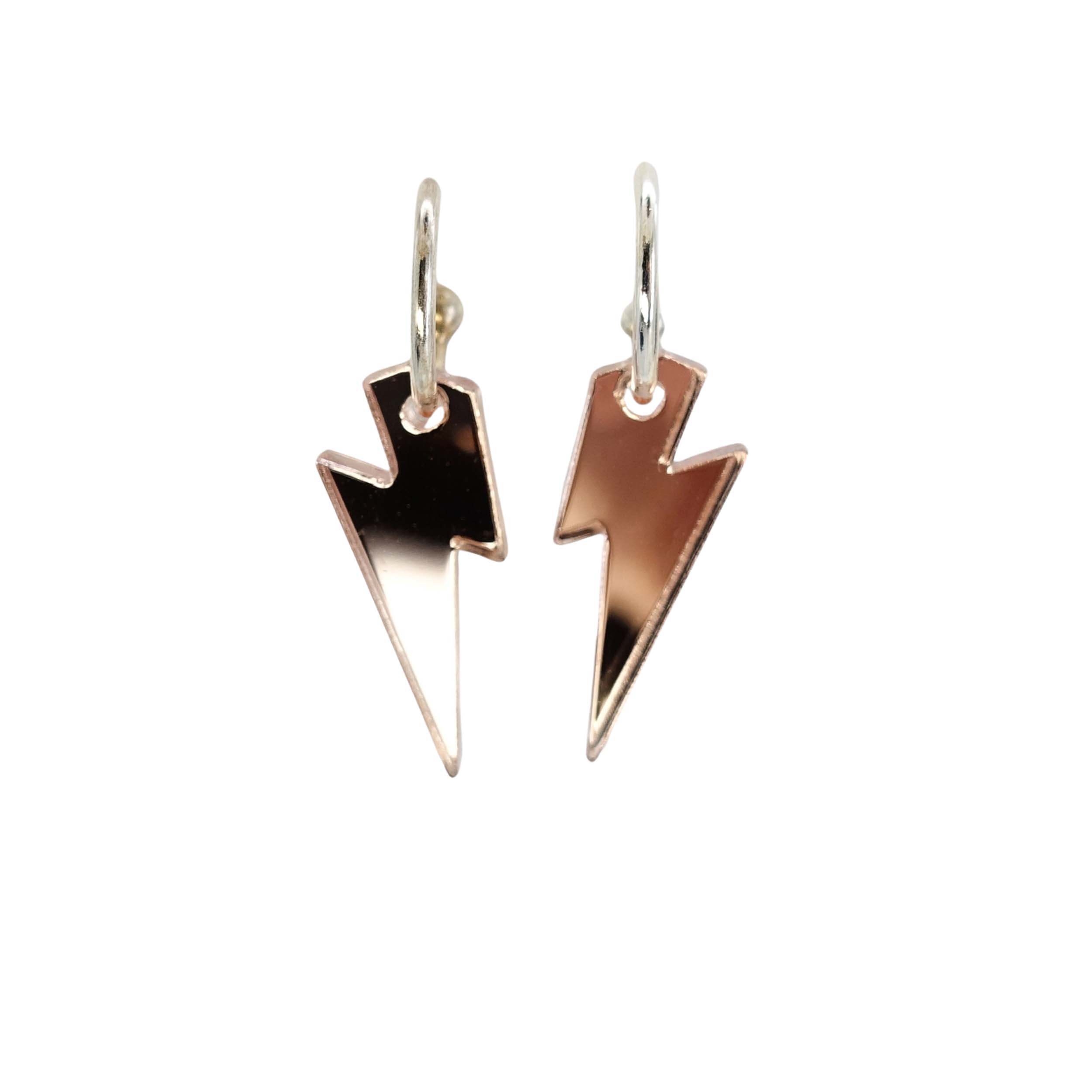 Small rose gold mirror lightning bolt hoop earrings on silver plated hoops shown against a white background.