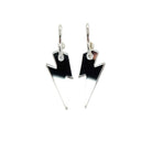 Small silver mirror lightning bolt hoop earrings on silver plated hoops shown against a white background.