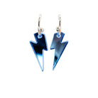 Small sky mirror lightning bolt hoop earrings on silver plated hoops shown against a white background.