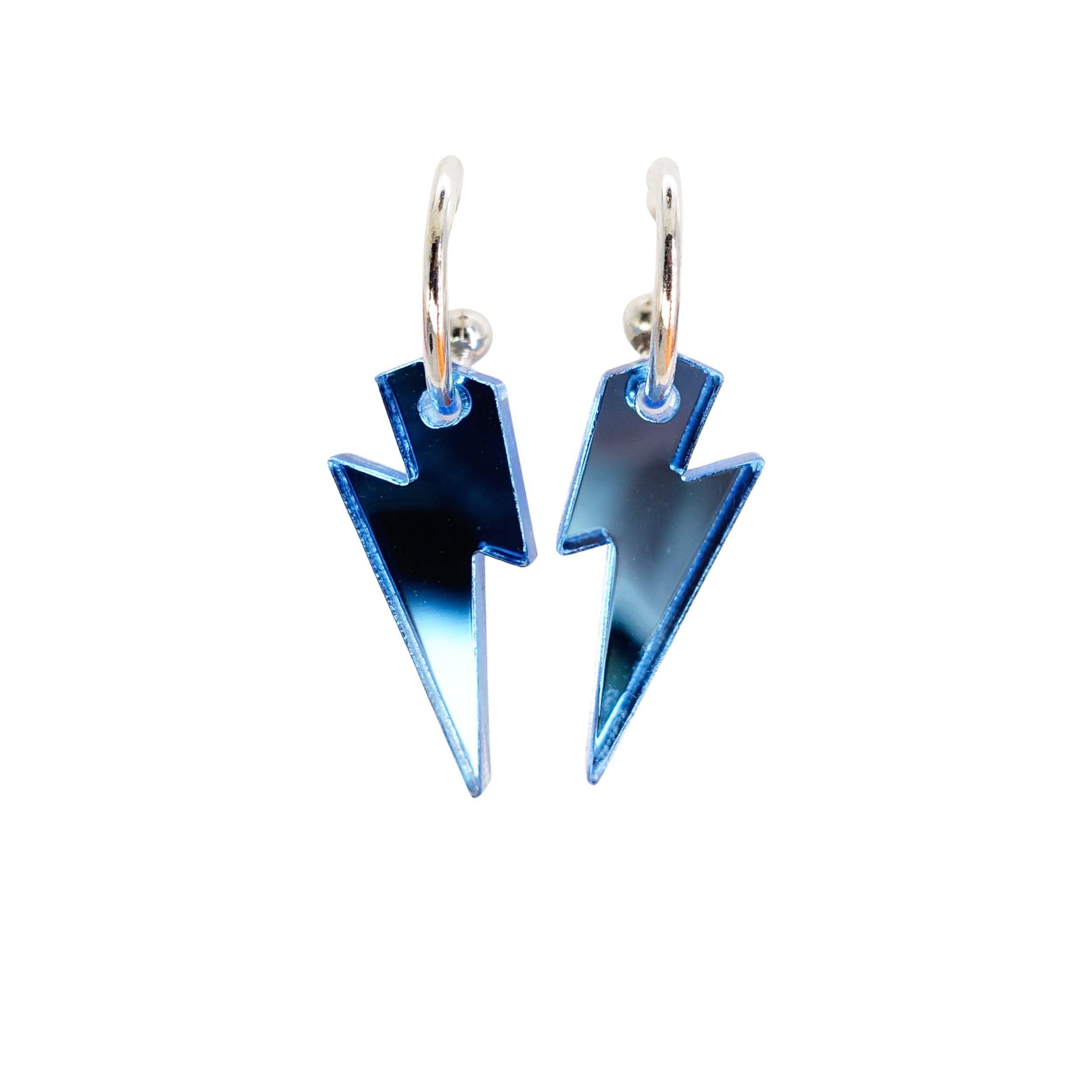 Small sky mirror lightning bolt hoop earrings on silver plated hoops shown against a white background.