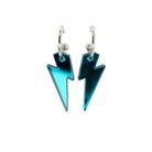 Small teal mirror lightning bolt hoop earrings on silver plated hoops shown against a white background.