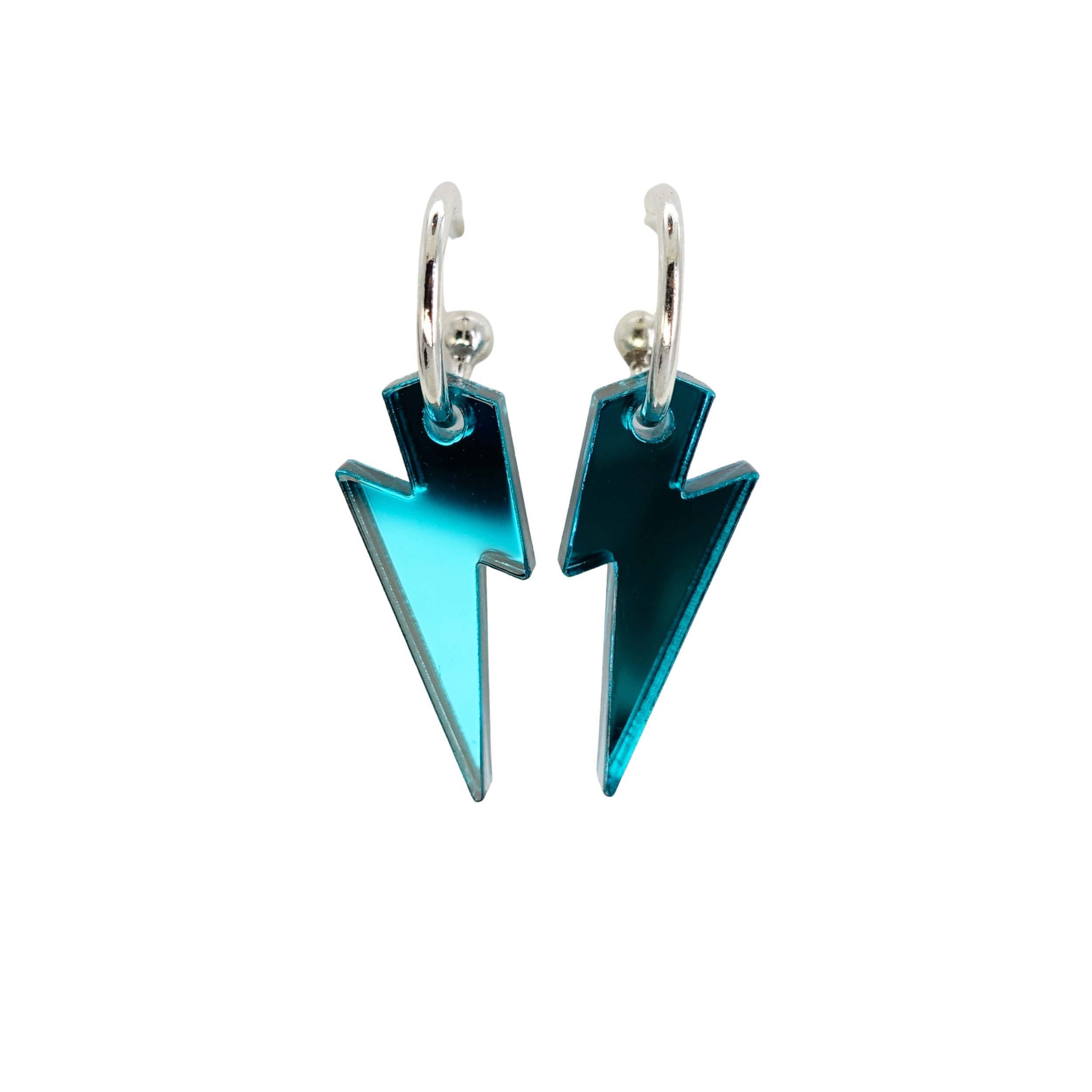 Small teal mirror lightning bolt hoop earrings on silver plated hoops shown against a white background.