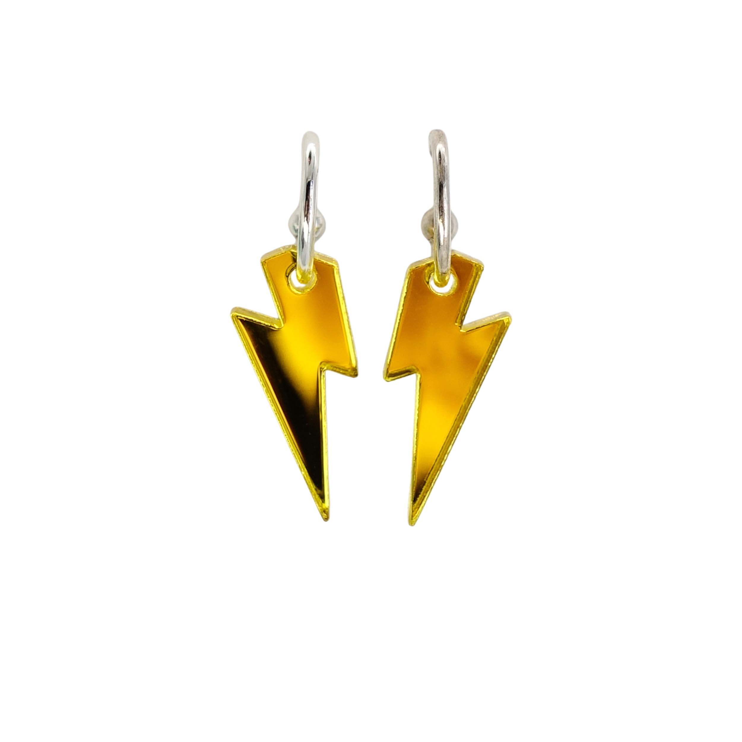 Small yellow mirror lightning bolt hoop earrings on silver plated hoops shown against a white background.