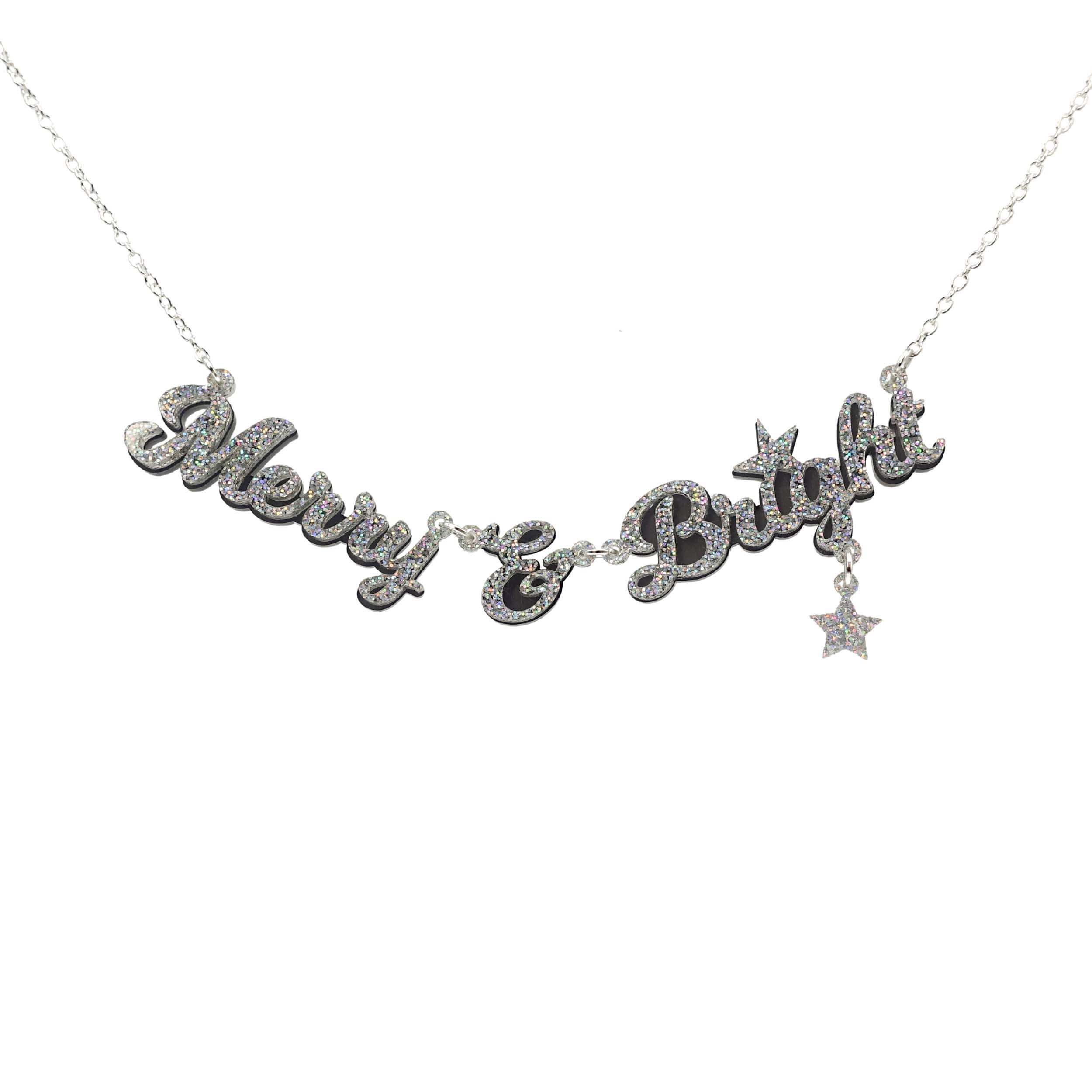 Merry & Bright necklace in silver glitter on a silver chain, shown hanging against a white background.