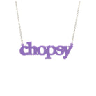 Parma violet Chopsy necklace shown hanging against a white backround.