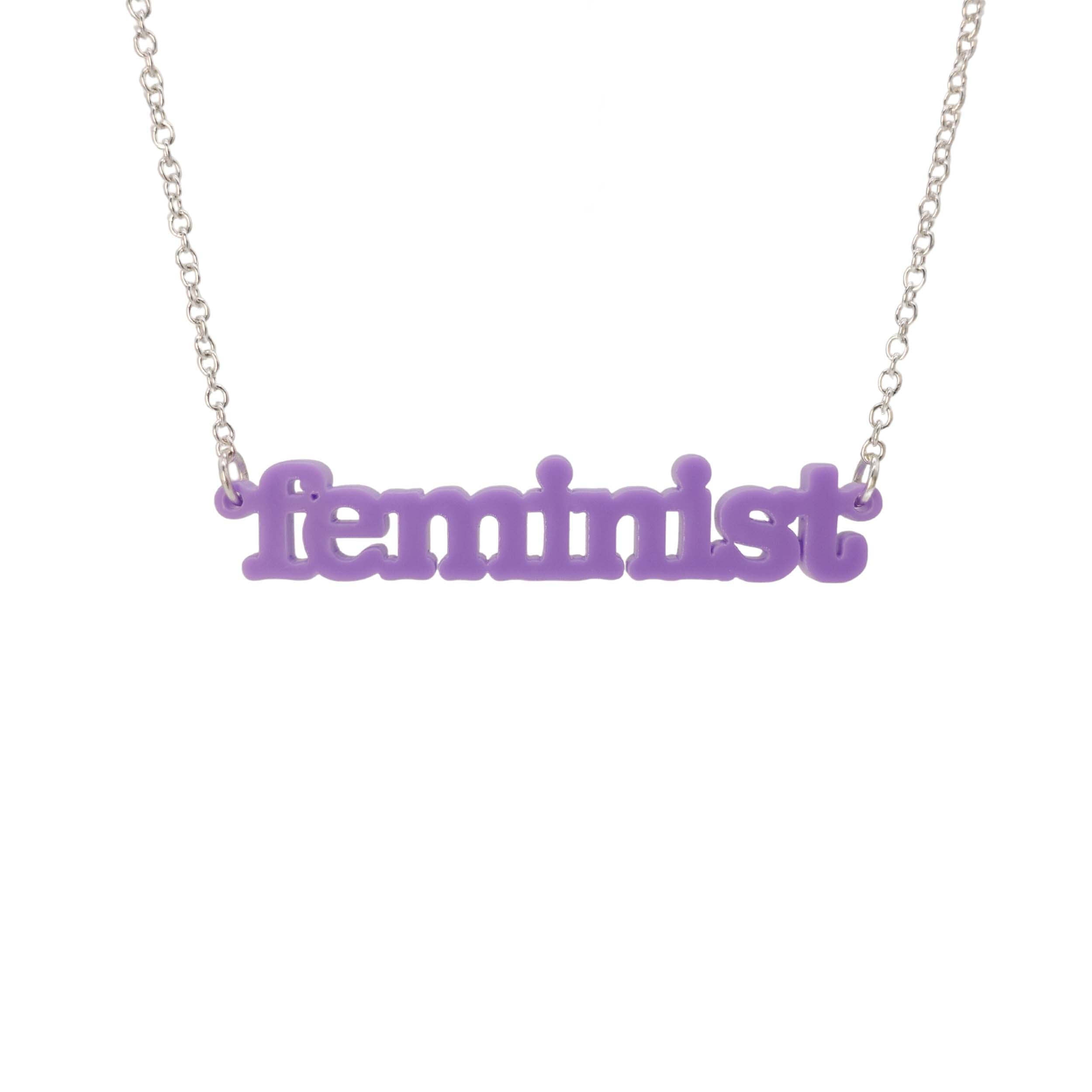 Parma violet Feminist necklace shown hanging on a white background.