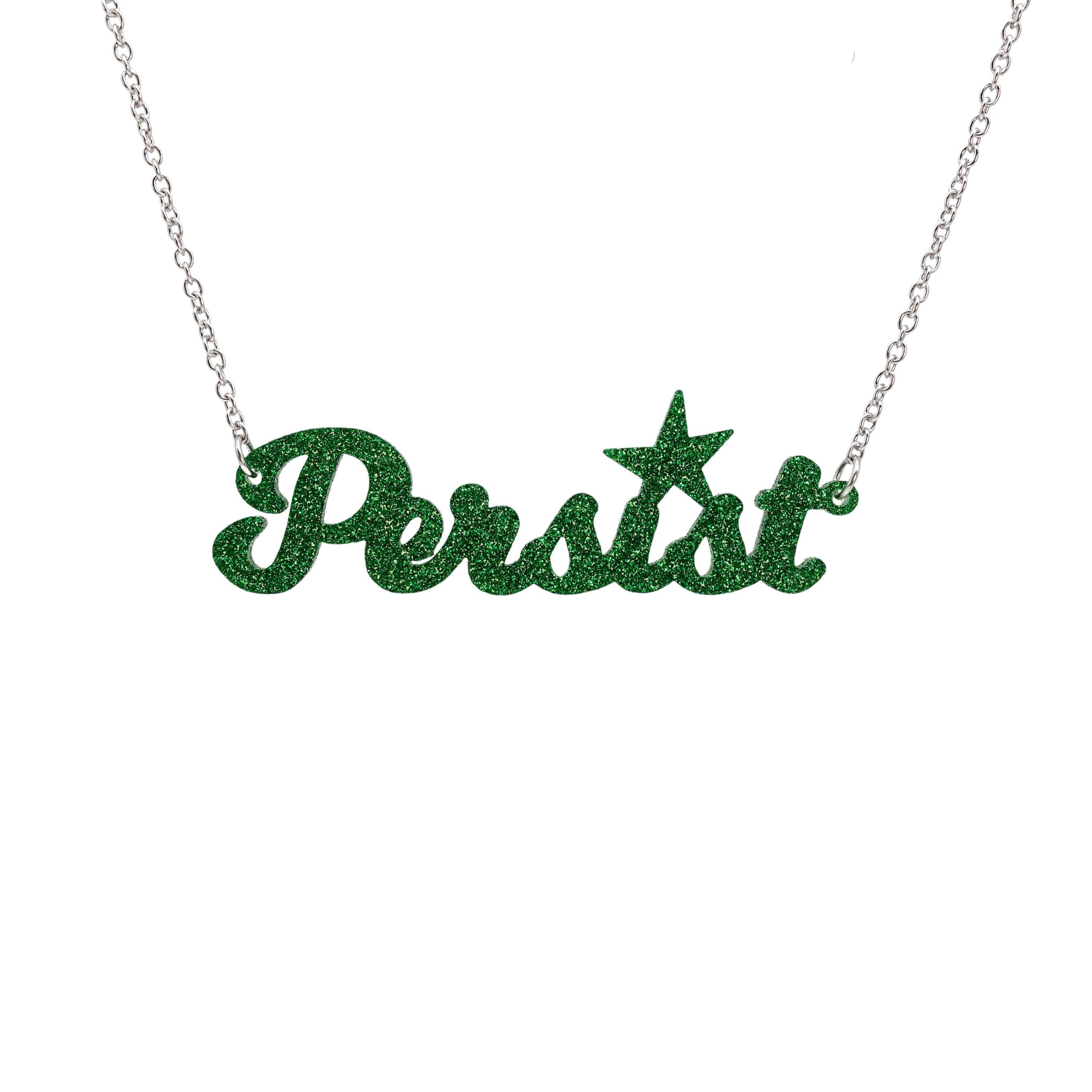 Persist necklaace in green glitter, shown hanging against a white background.