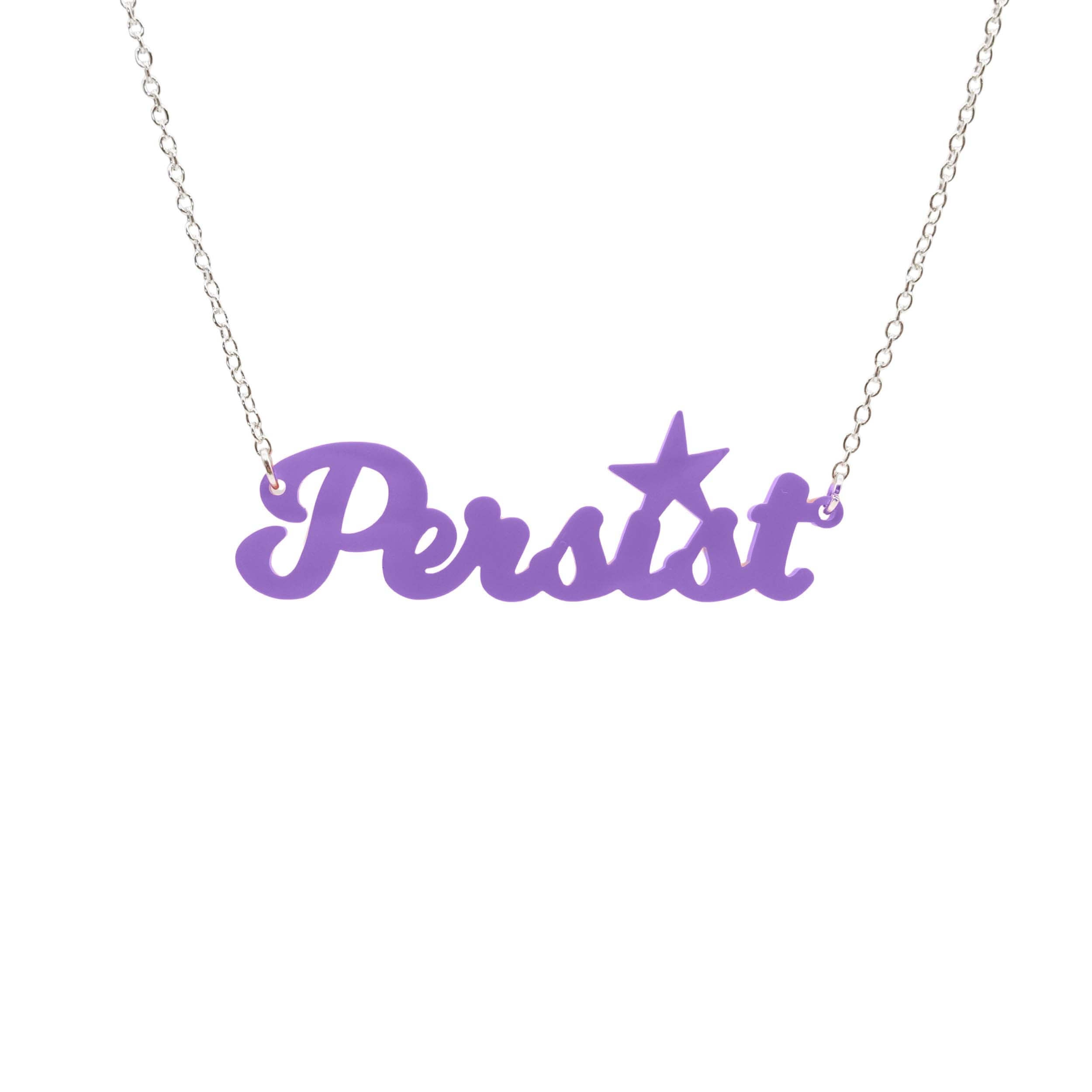 Persist necklace in script font in parma violet, shown hanging on a white background. Join the Persisterhood!