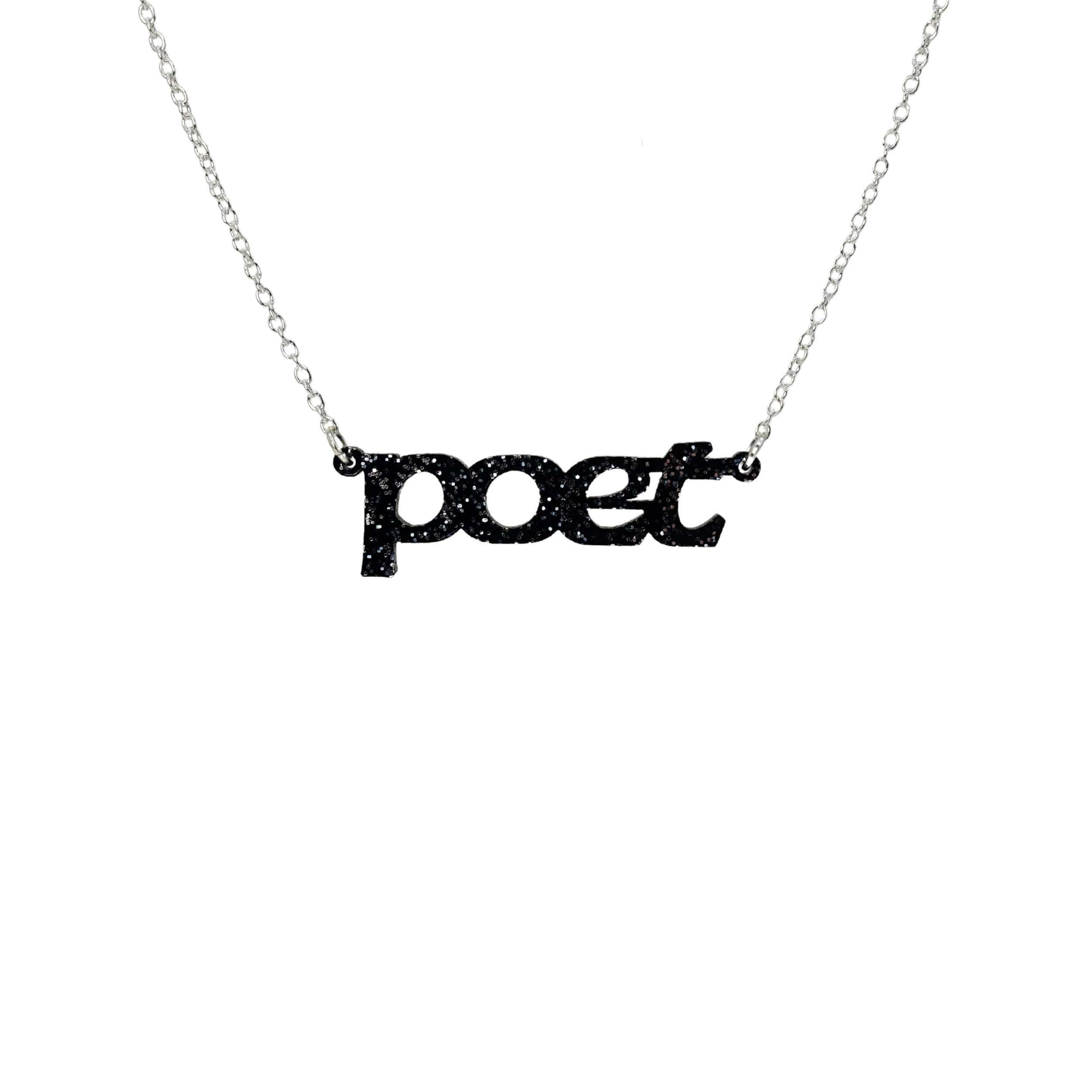 Poet necklace in black glitter, shown hanging against a white background.