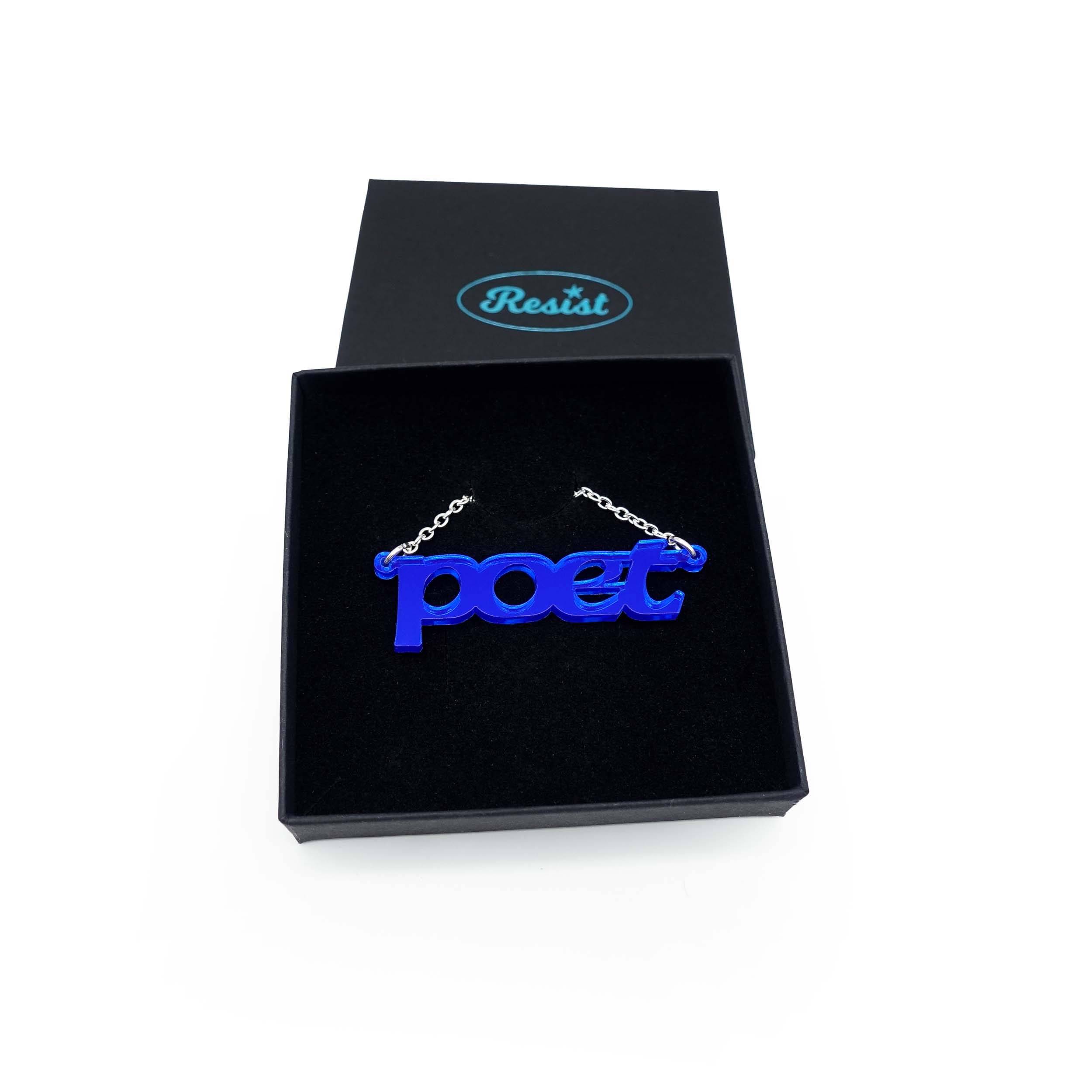 Poet necklace in electric blue mirror, shown in a Wear and Resist gift box.