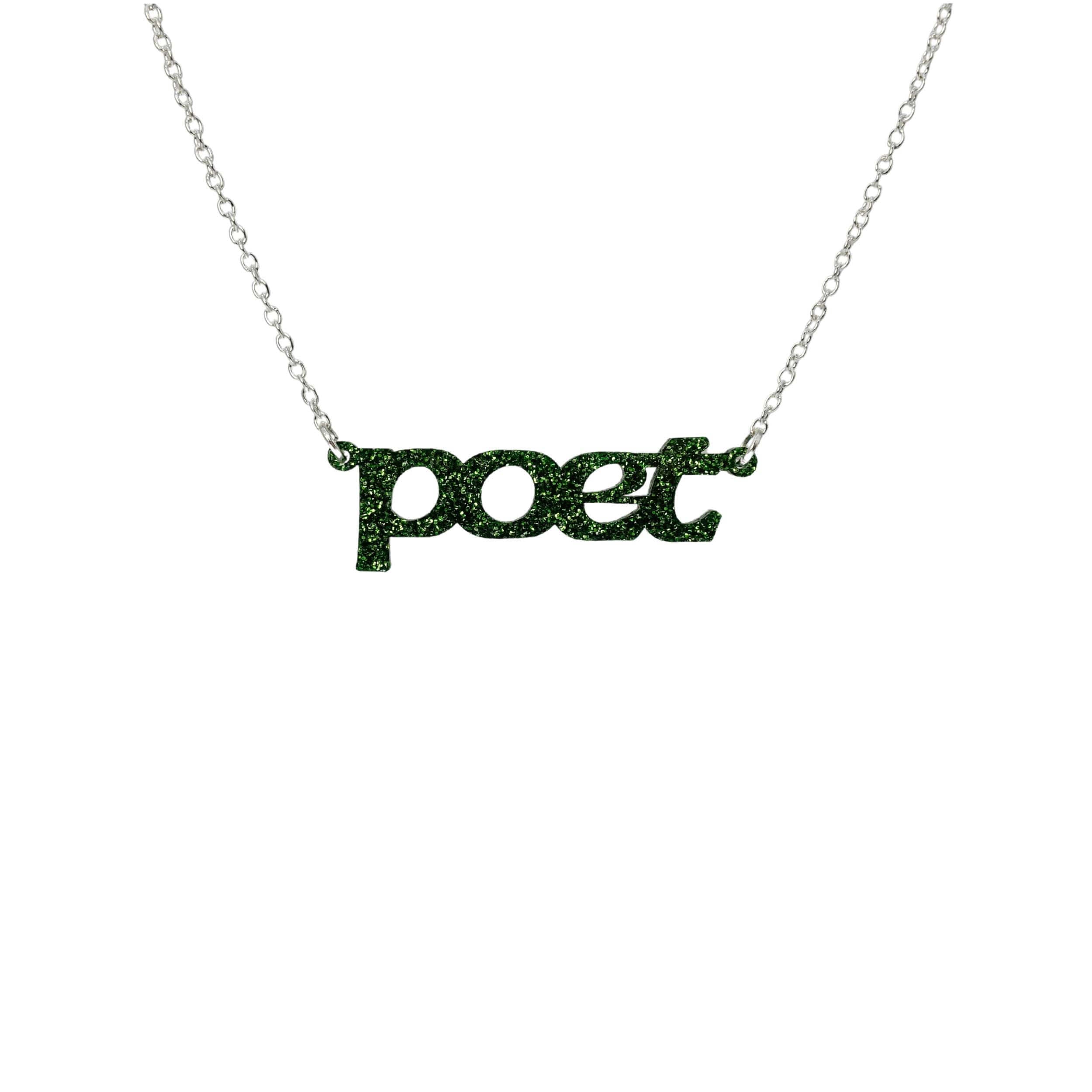 Poet necklace in moss glitter, shown hanging against a white background.