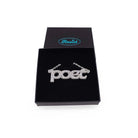 Poet necklace in silver glitter, shown in a Wear and Resist gift box.