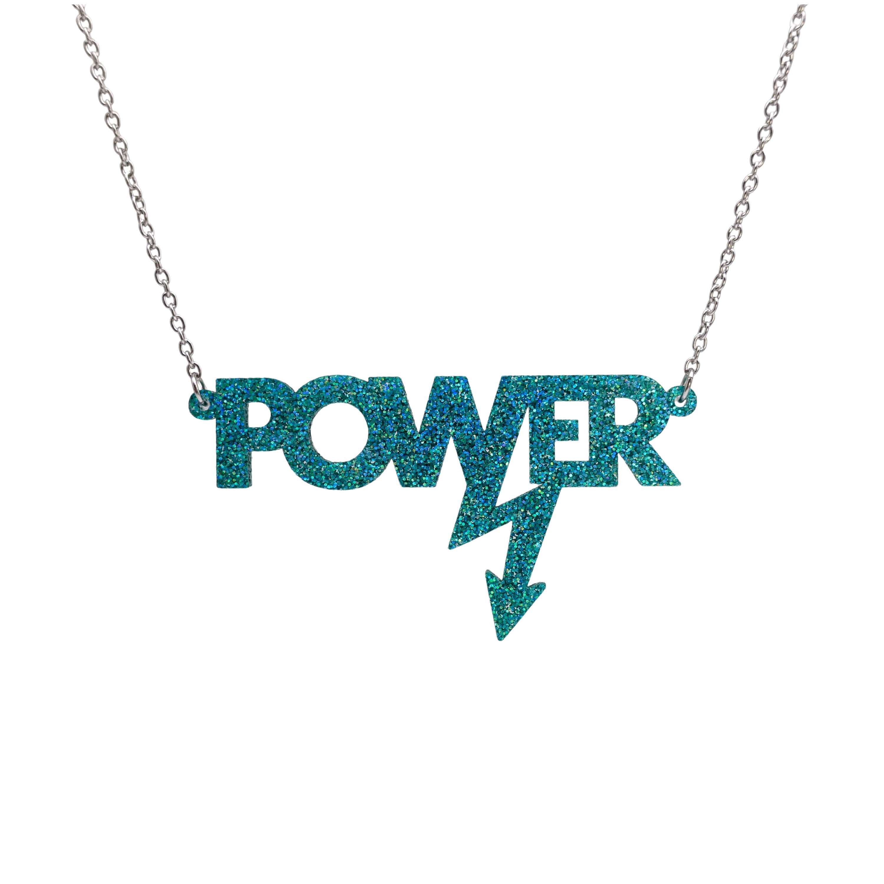 Power necklace in bright teal glitter.