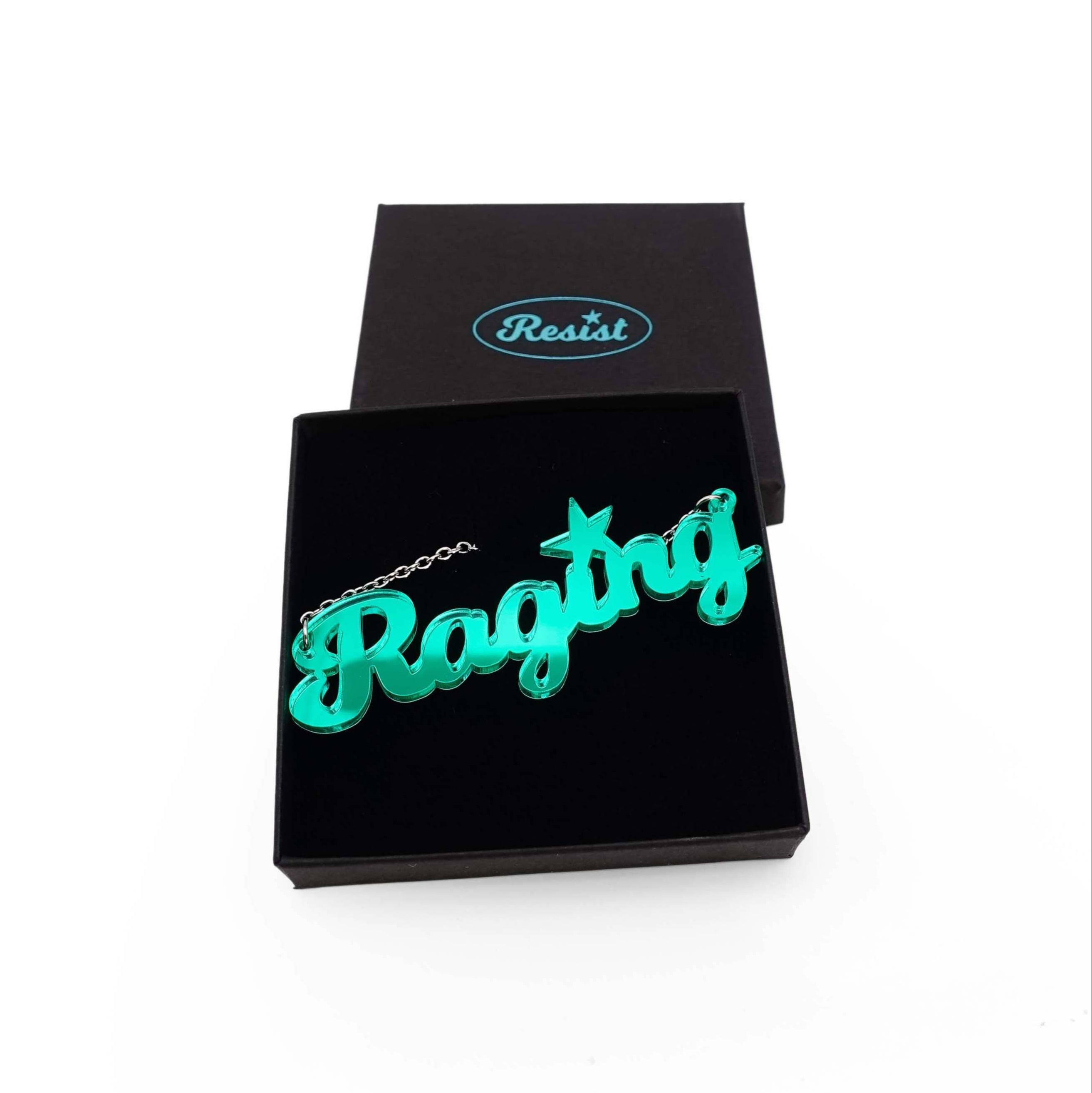 Electric green Raging necklace shown in a Wear and Resist gift box.