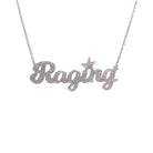 Silver glitter Raging necklace on a stainless steel chain shown hanging against a white backround.