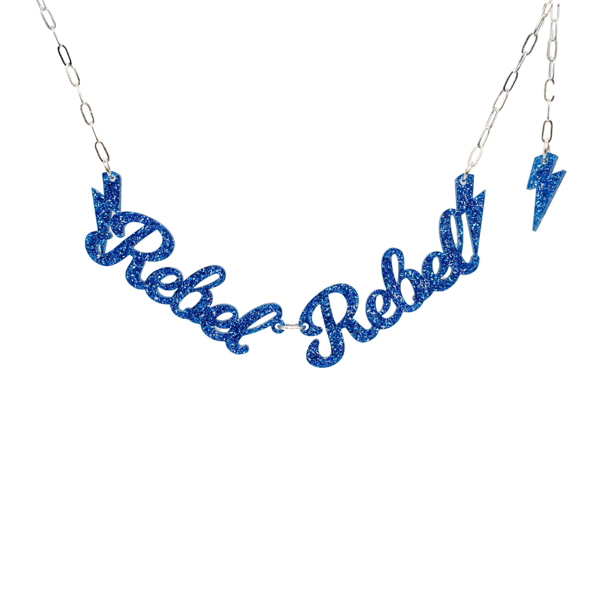 Rebel Rebel necklace in blue glitter shown hanging against a white background.