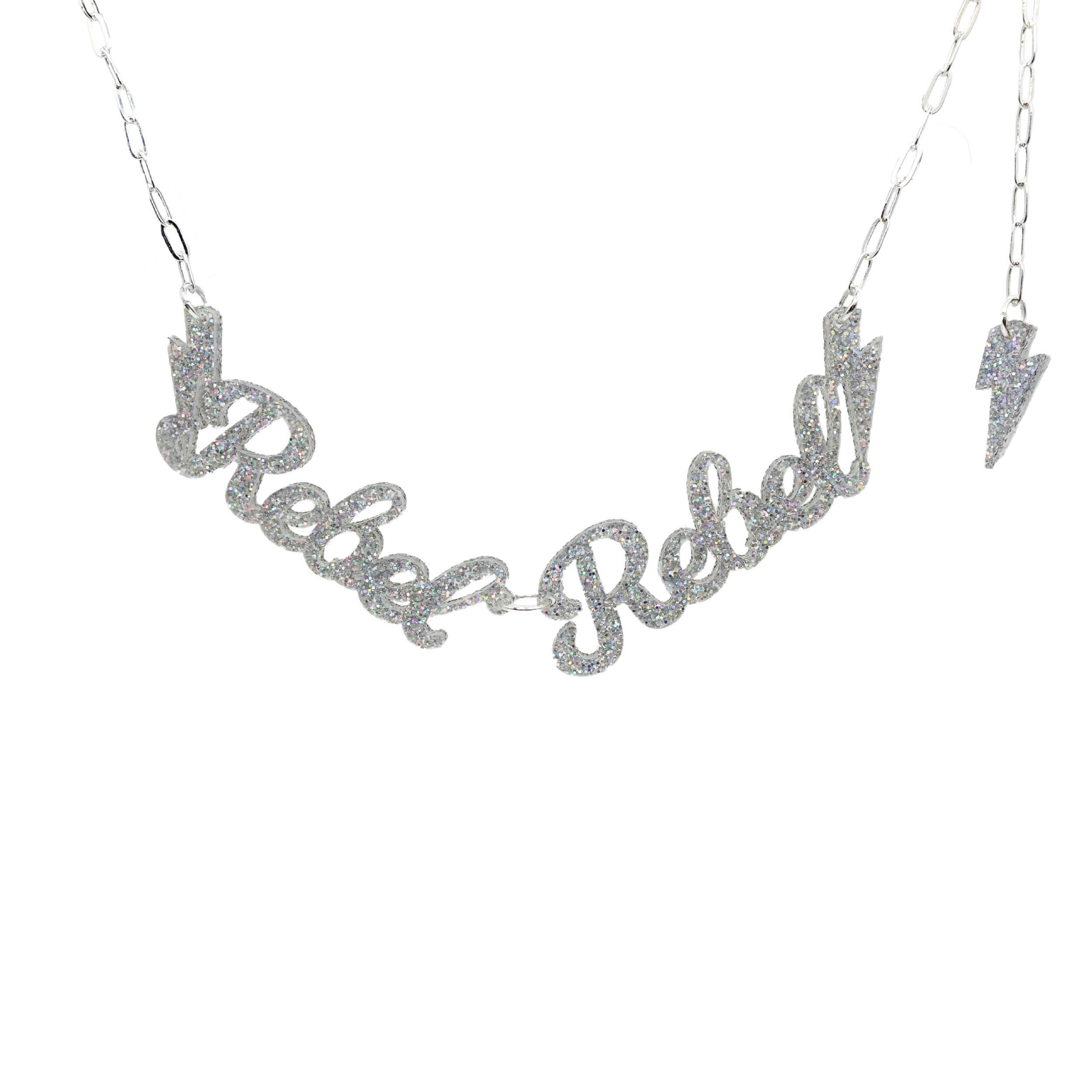 Rebel Rebel necklace in silver glitter shown hanging against a white background.