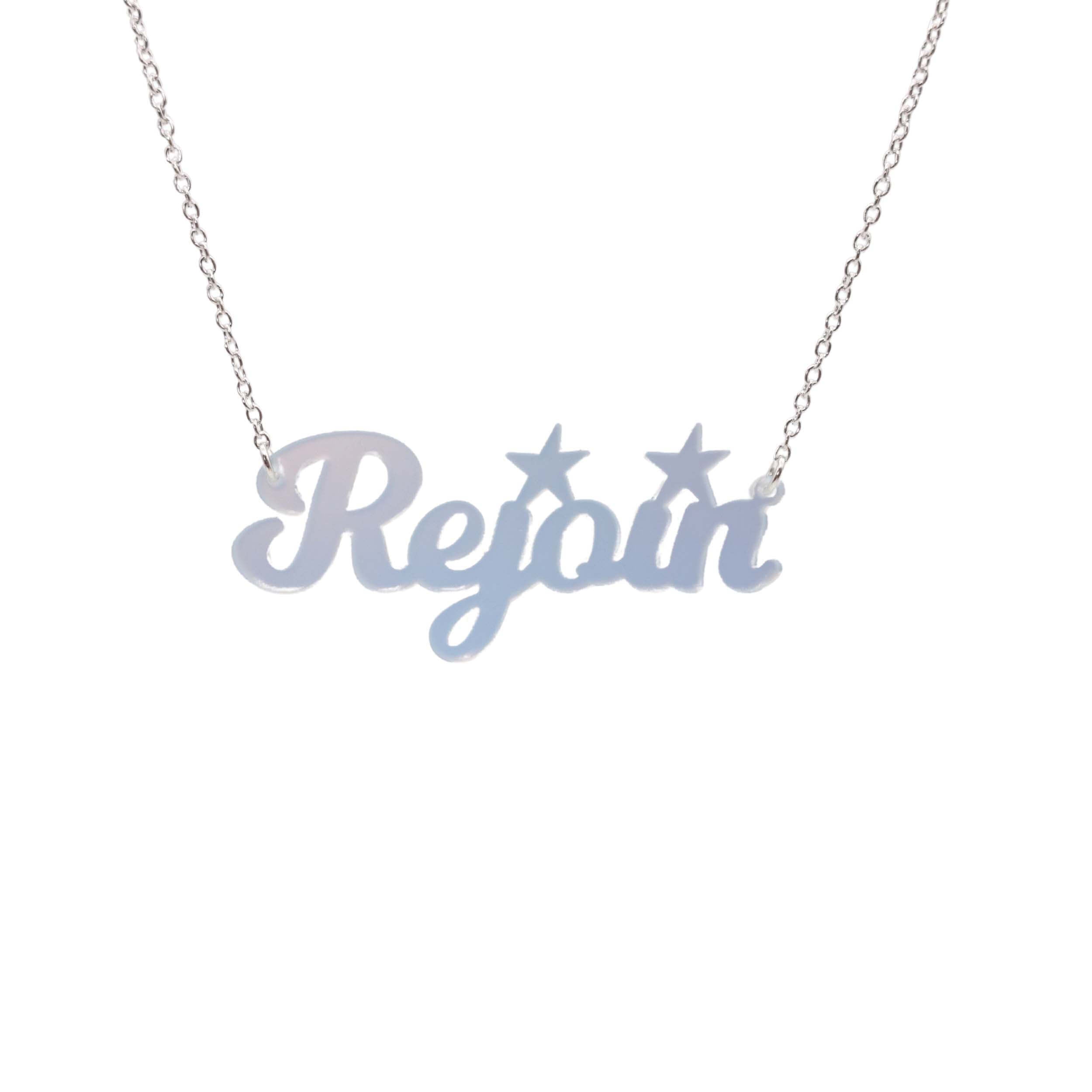 Rejoin the EU necklace in matte iridescent. Shown hanging against a white background.
