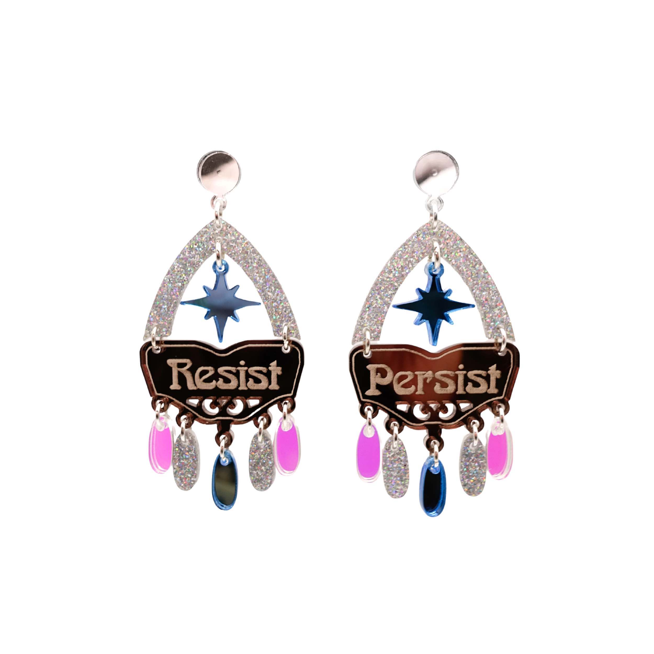 Resist and Persist statement dangly earrings in blue and bronze, shown cut out against a white background.