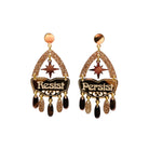 Resist and Persist statement dangly earrings in gold and bronze, shown cut out against a white background.