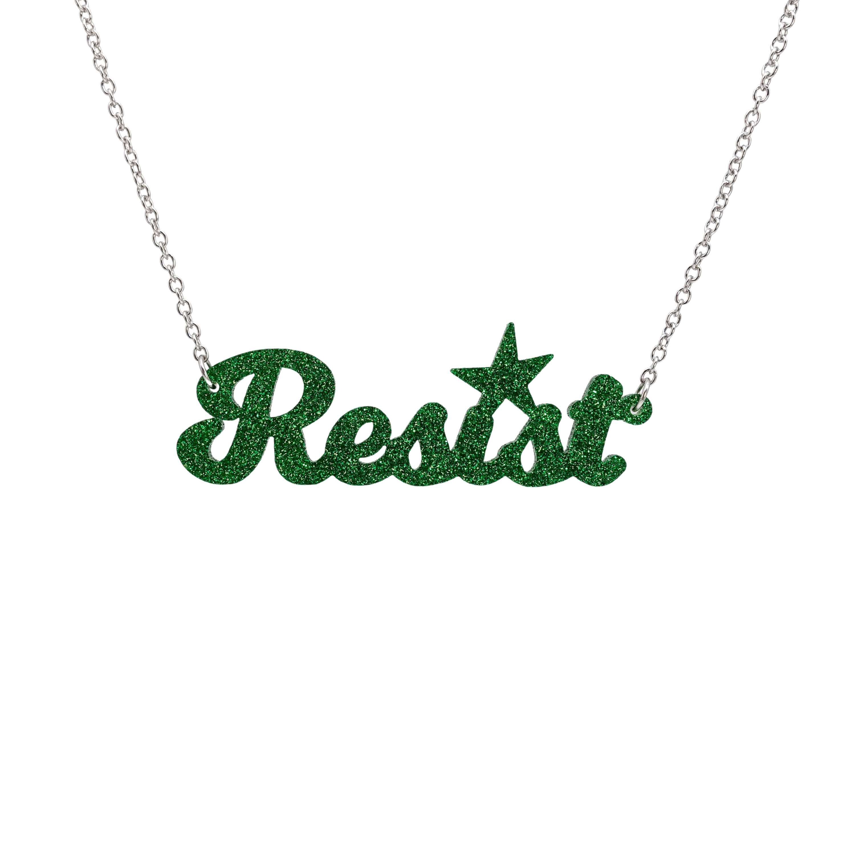 Resist necklace in green glitter, shown hanging against a white background.