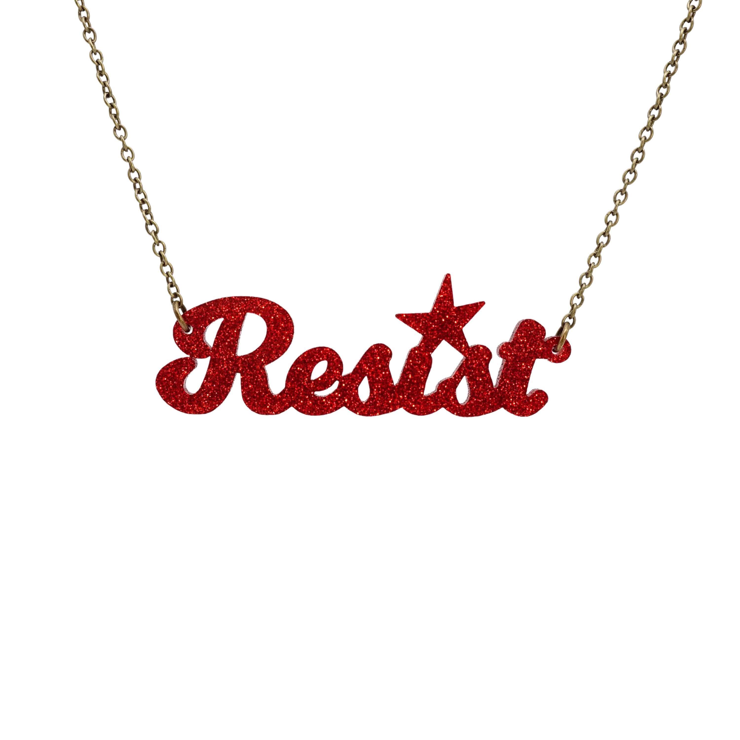 Resist necklace in red glitter, shown hanging against a white background.