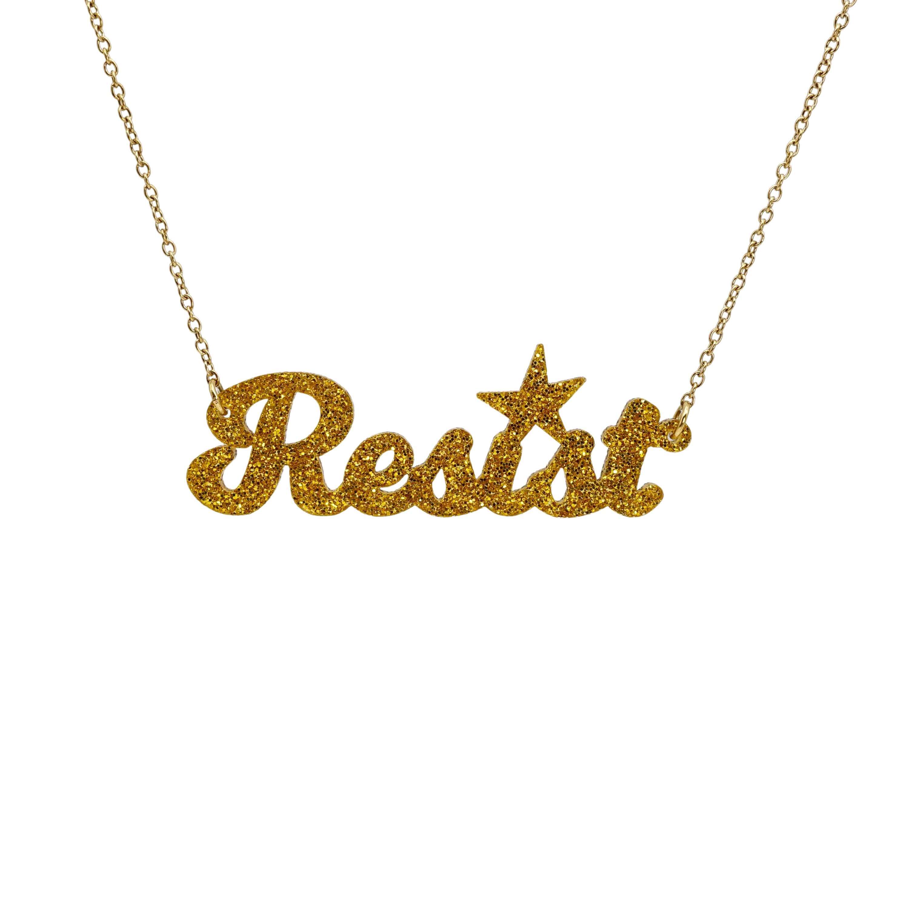 Resist necklace in ultra gold glitter, shown hanging against a white background.