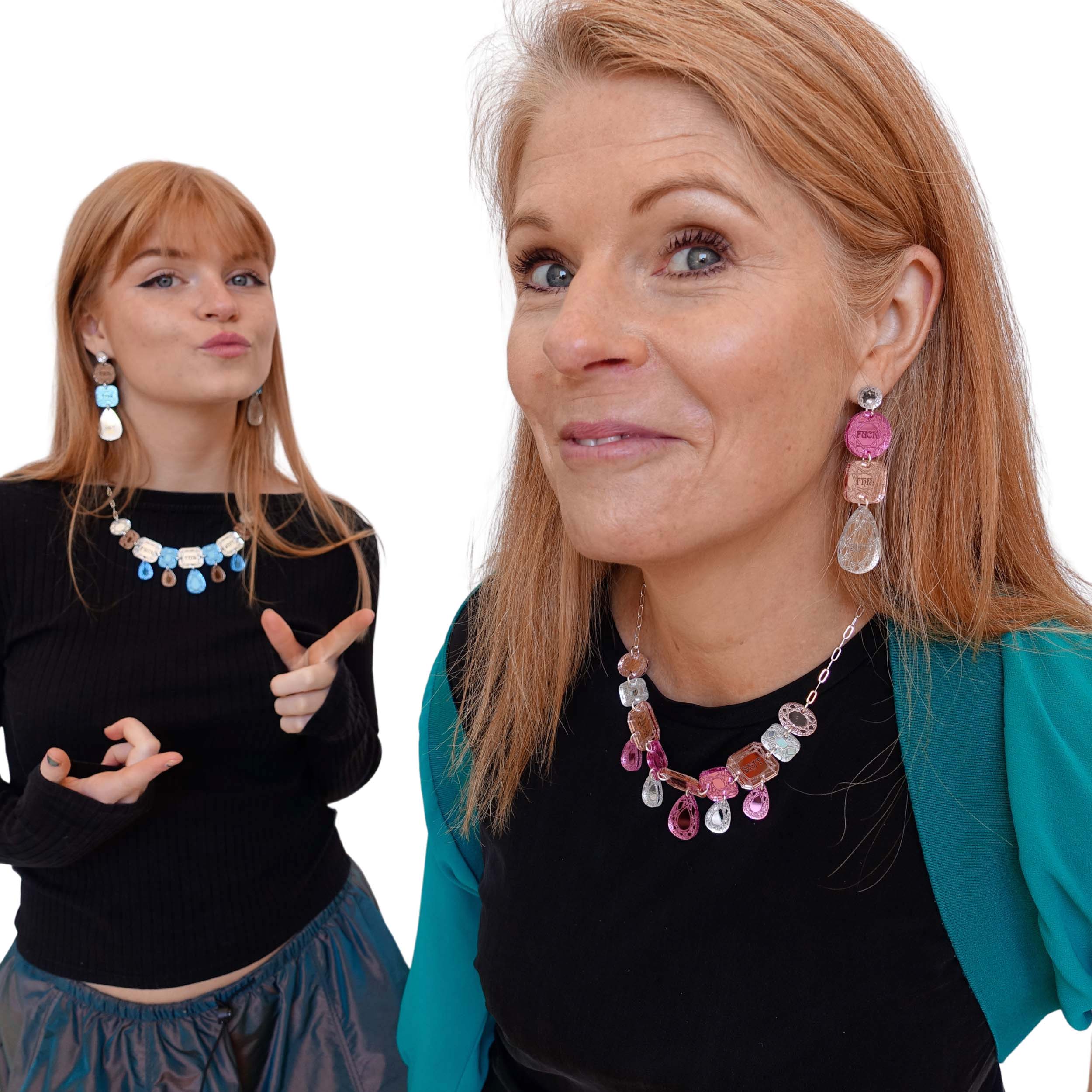 Sarah Day, founder of Wear and Resist and her daughter, Eliza, model the sweary jewel collection.