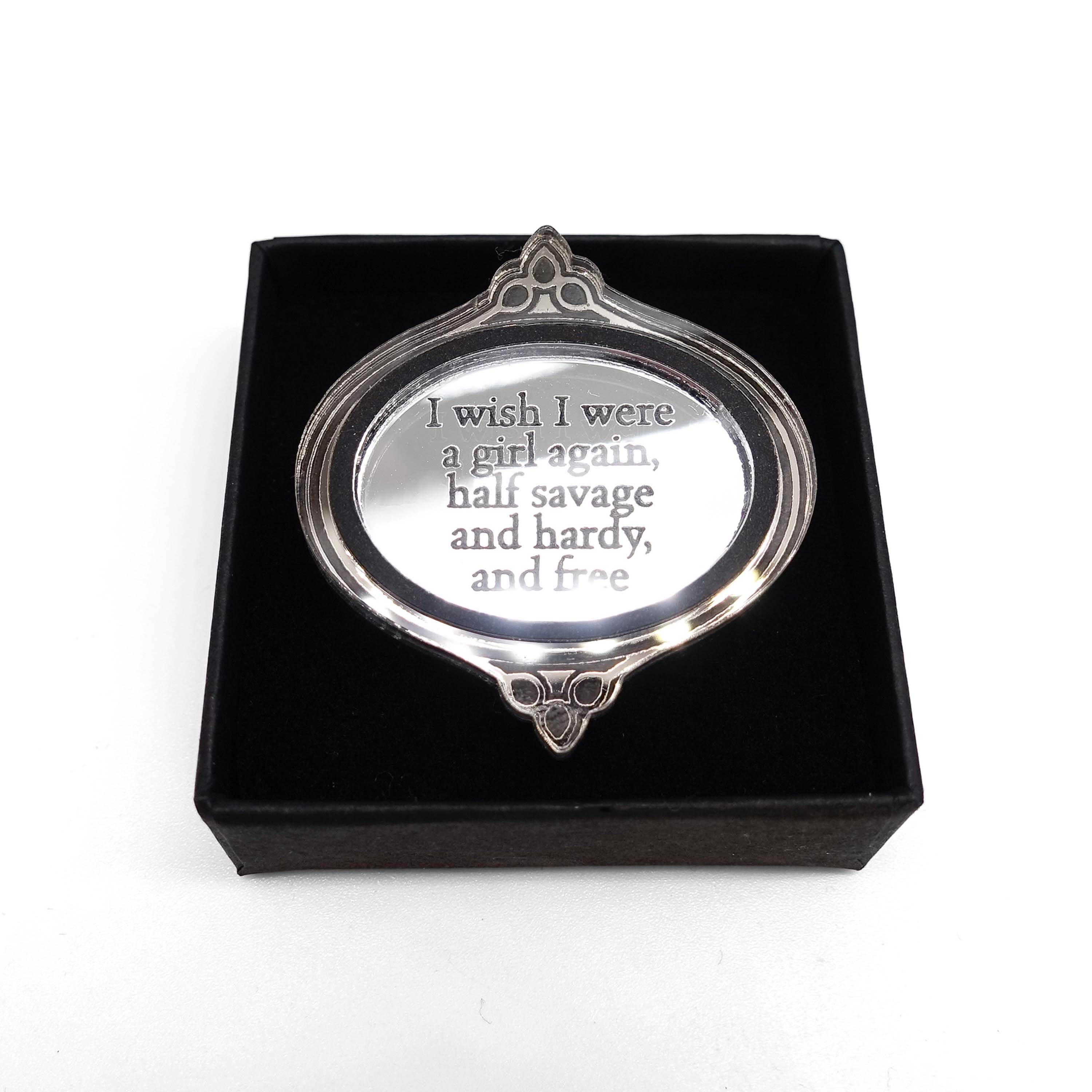 'I wish I were a girl again' Wuthering Heights brooch from the Bronte Collection, shown in a small Wear and Resist gift box.