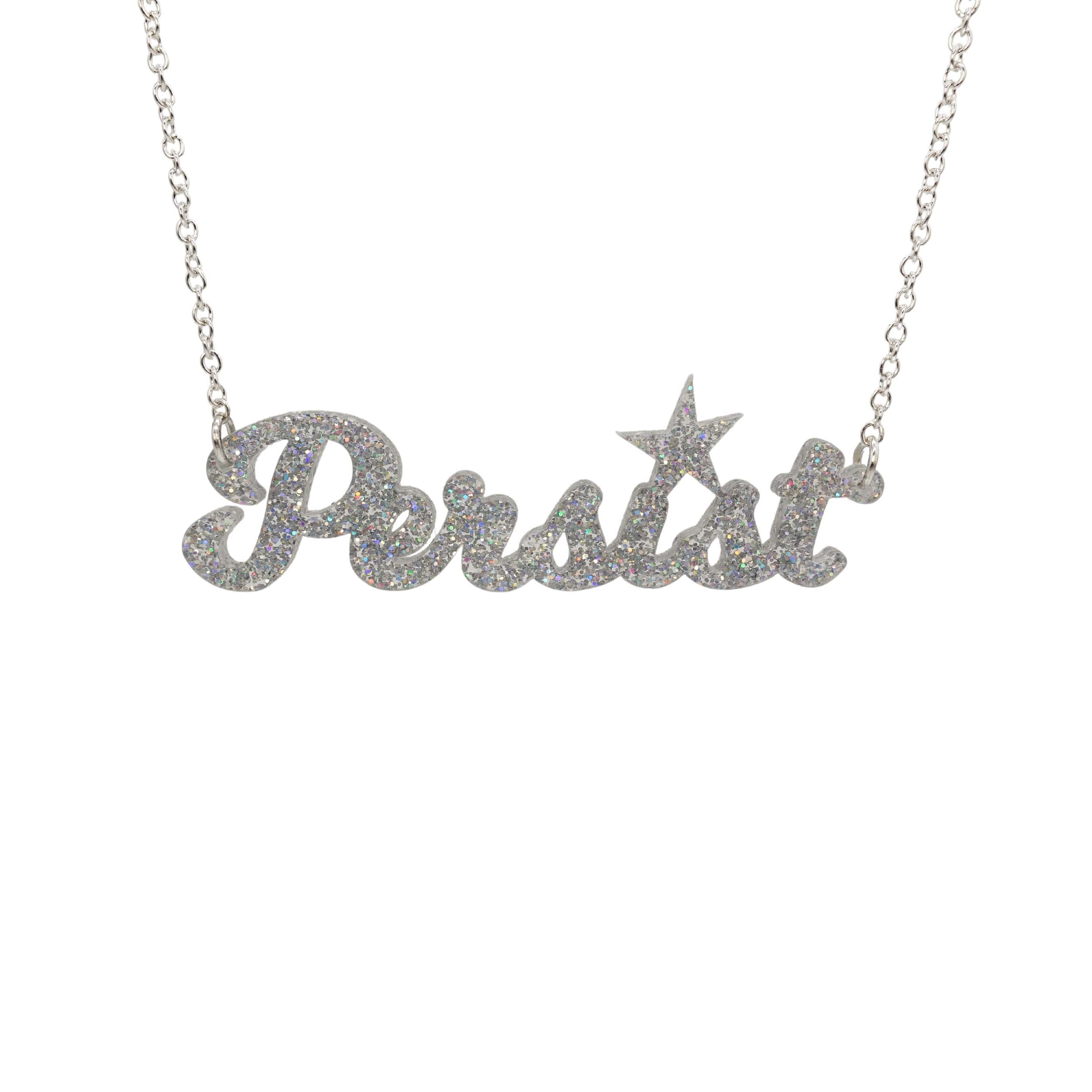 Persist necklace in script font in silver glitter, shown hanging on a white background.