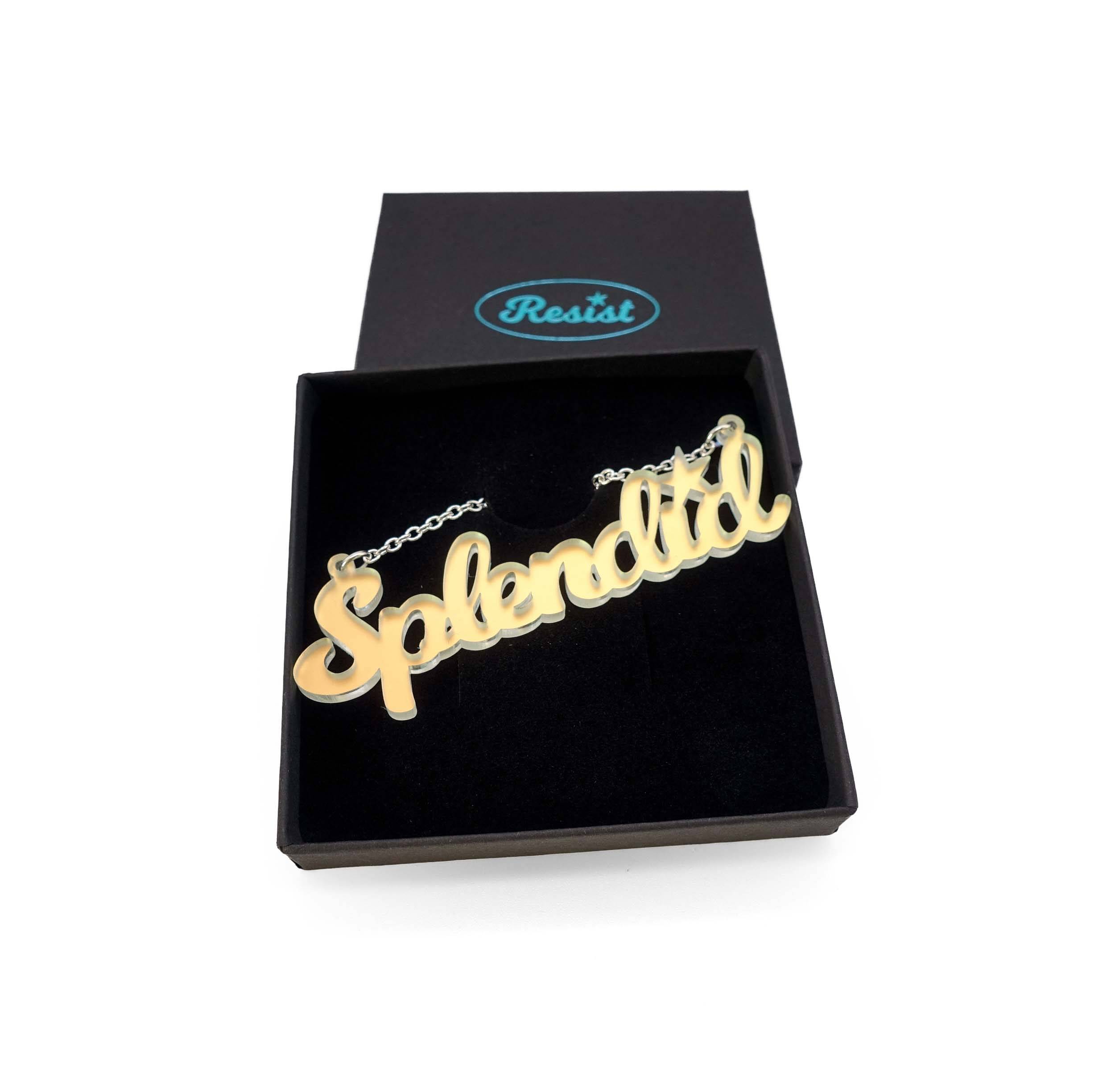 Splendid necklace in matte iridescent shown in a Wear and Resist gift box.