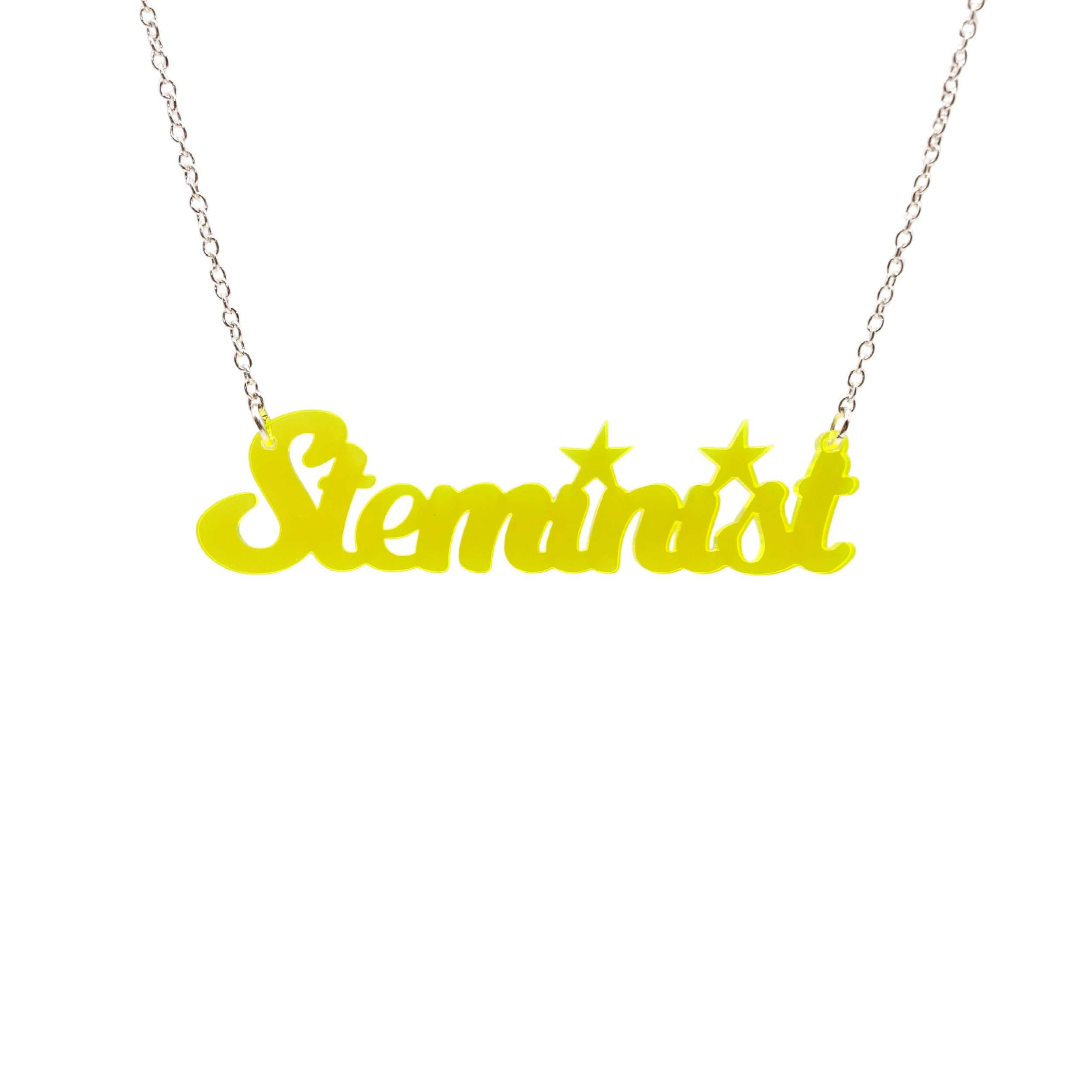 Steminist necklace for women working in STEM in neon yellow shown hanging against a white background.