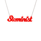 Steminist necklace for women working in STEM in hot red shown hanging against a white background.