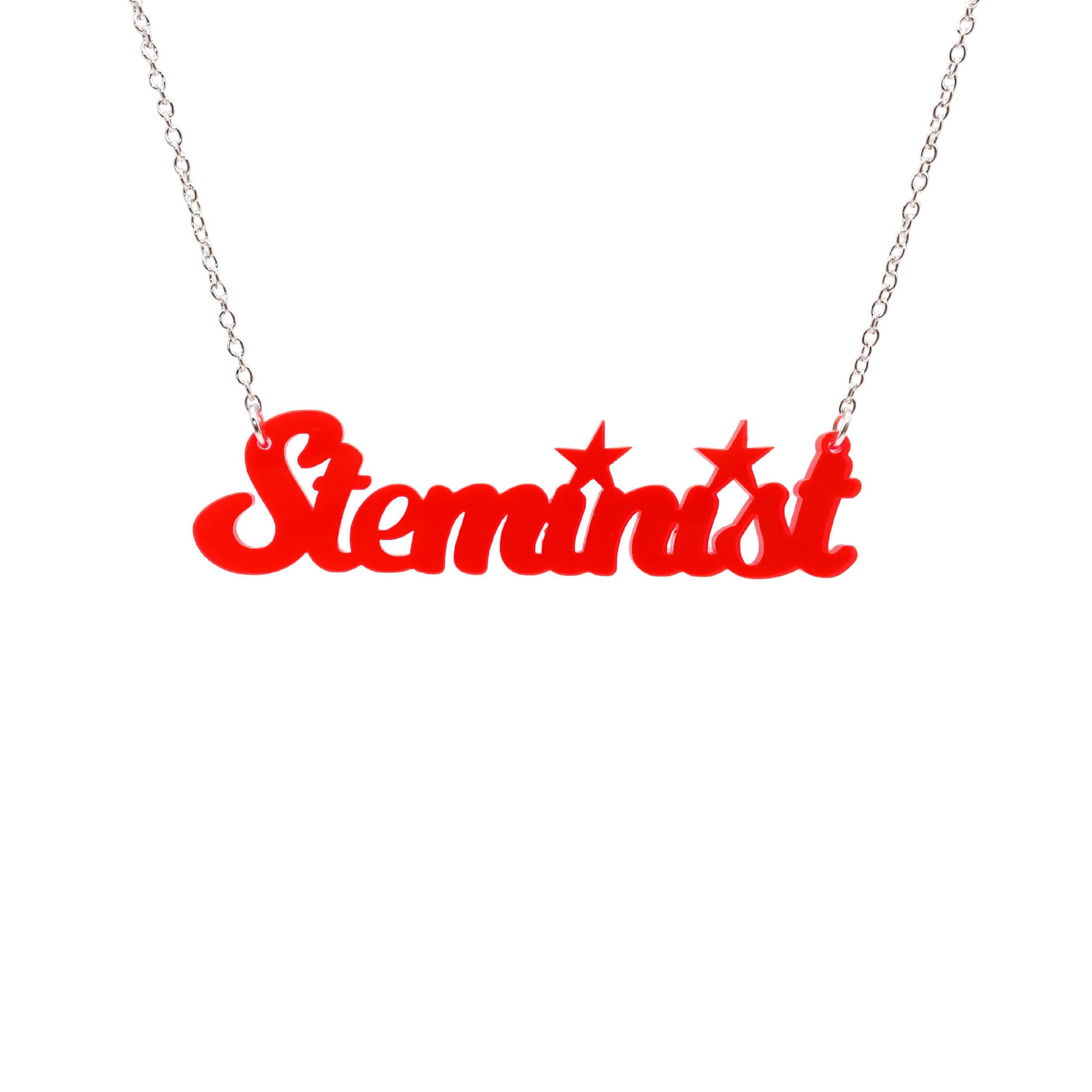 Steminist necklace for women working in STEM in hot red shown hanging against a white background.