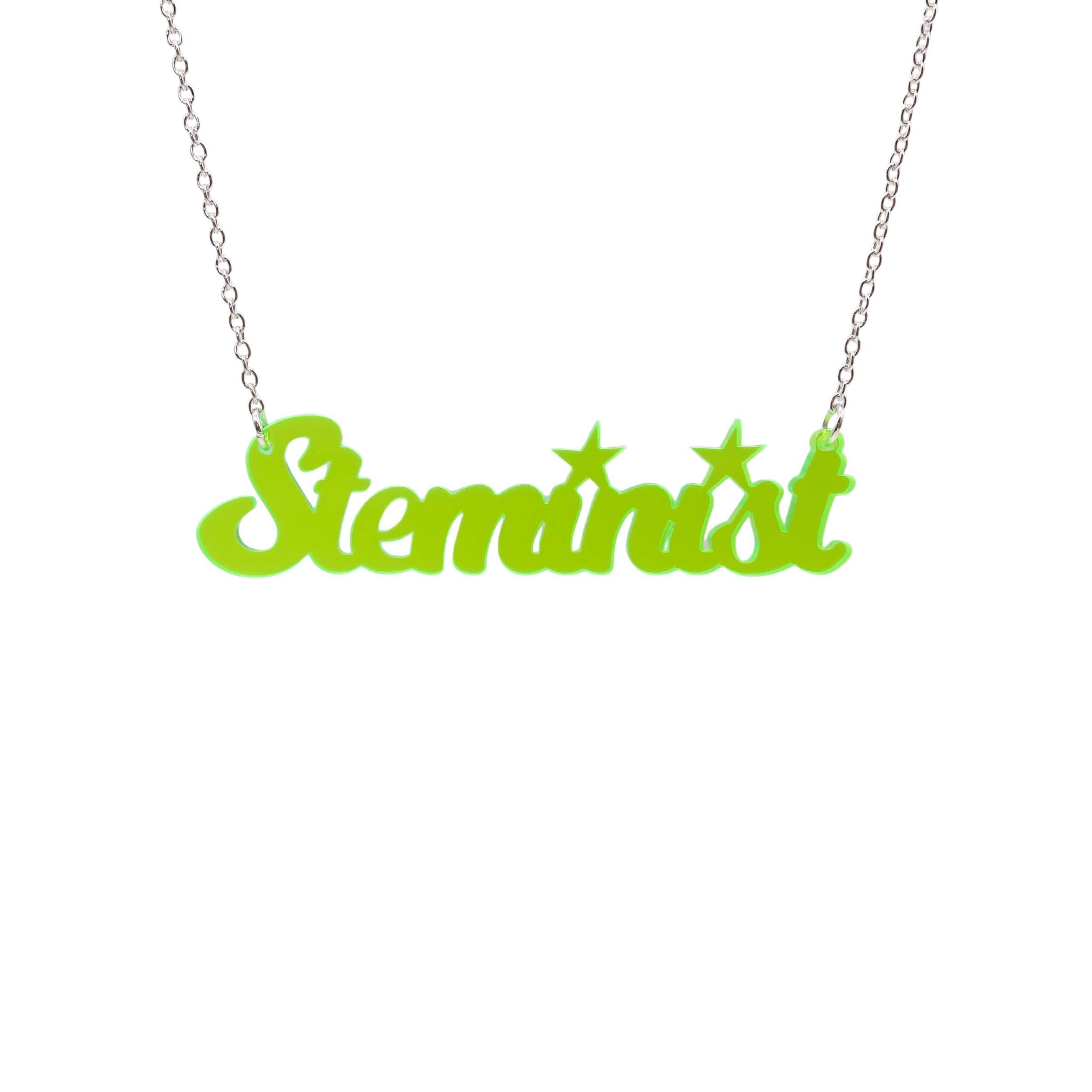 Steminist necklace for women working in STEM in neon green shown hanging against a white background.
