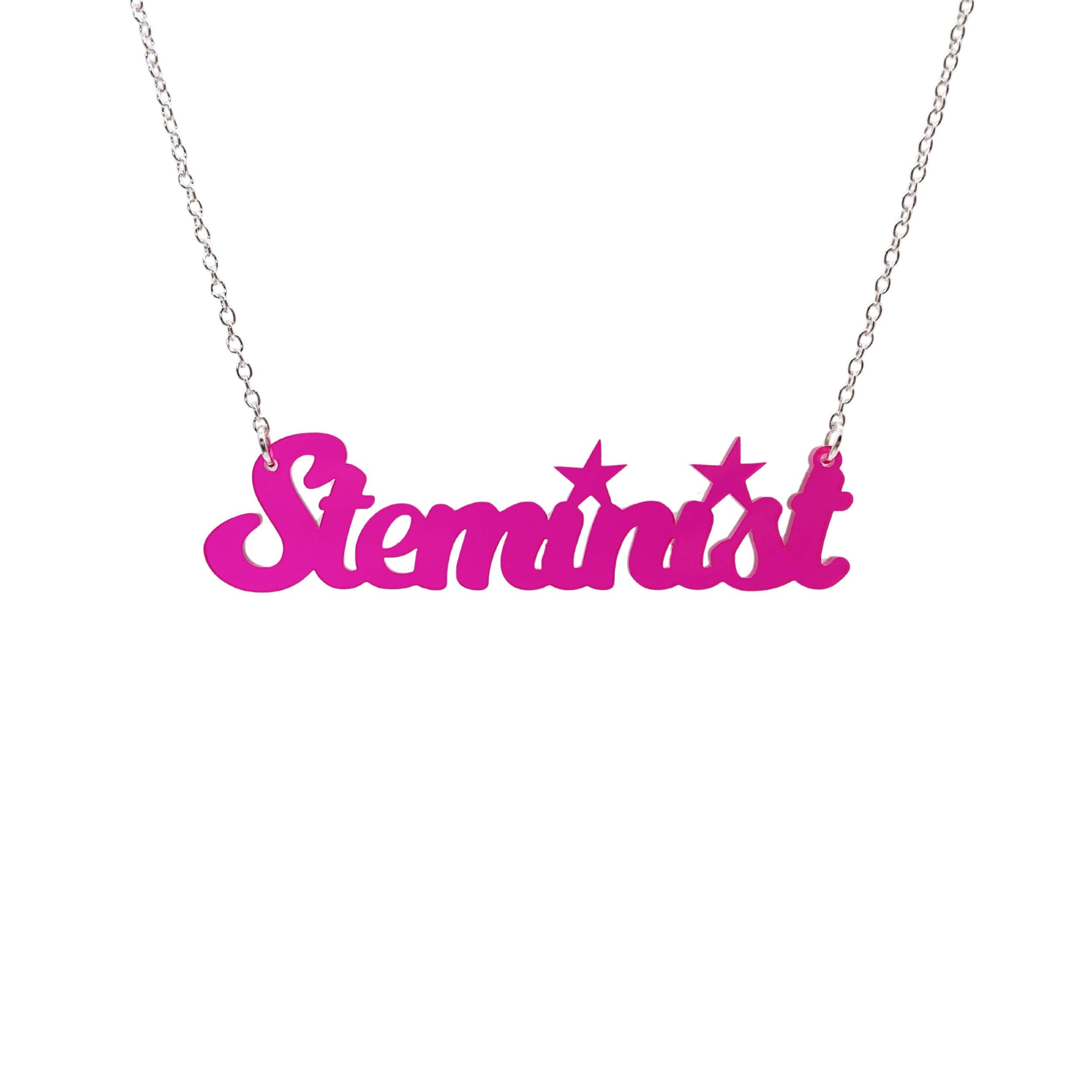 Steminist necklace for women working in STEM in neon pink shown hanging against a white background.
