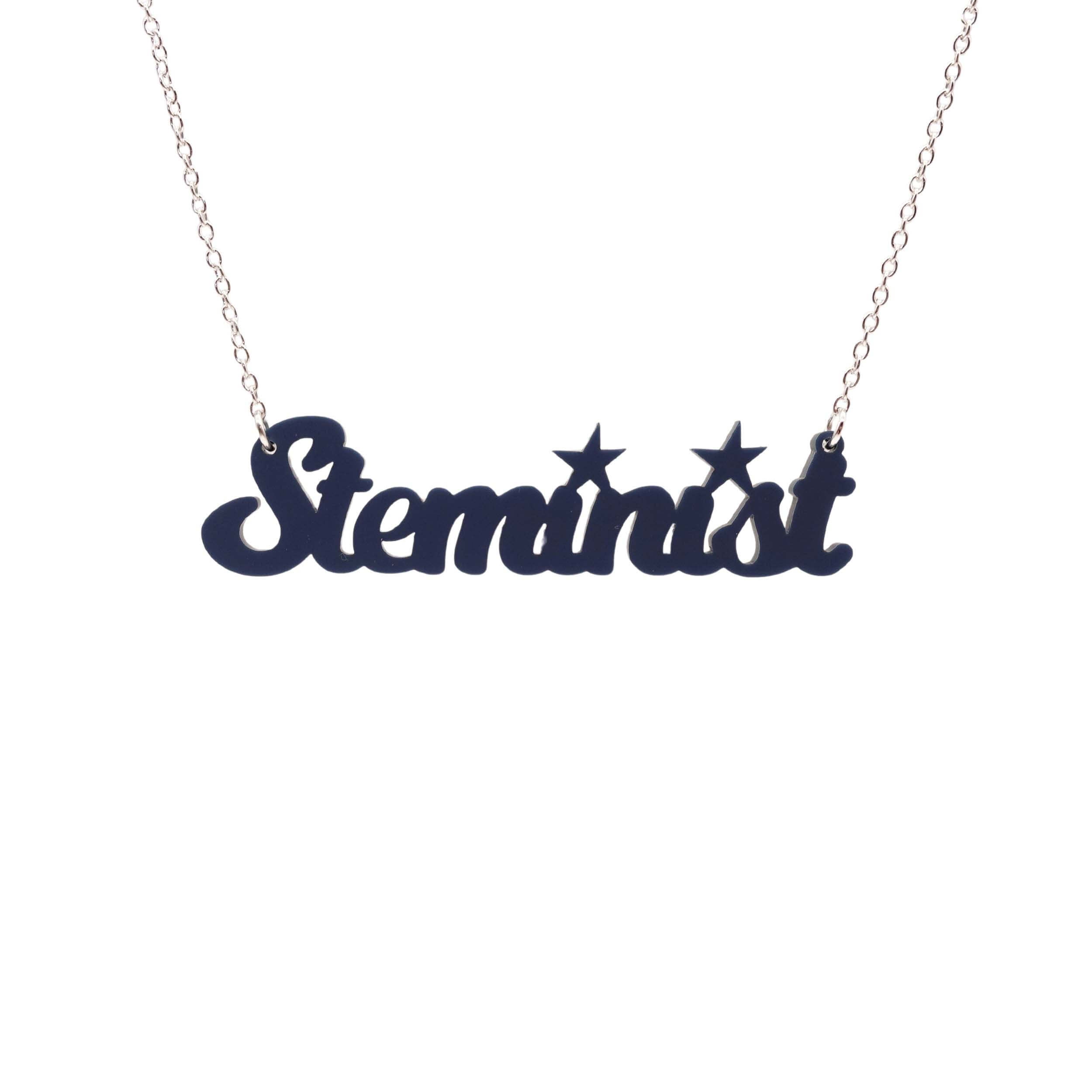 Steminist necklace for women working in STEM in slate shown hanging against a white background.
