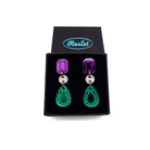 Purple white and green Suffragette drop earrings in a Wear and Resist gift box.