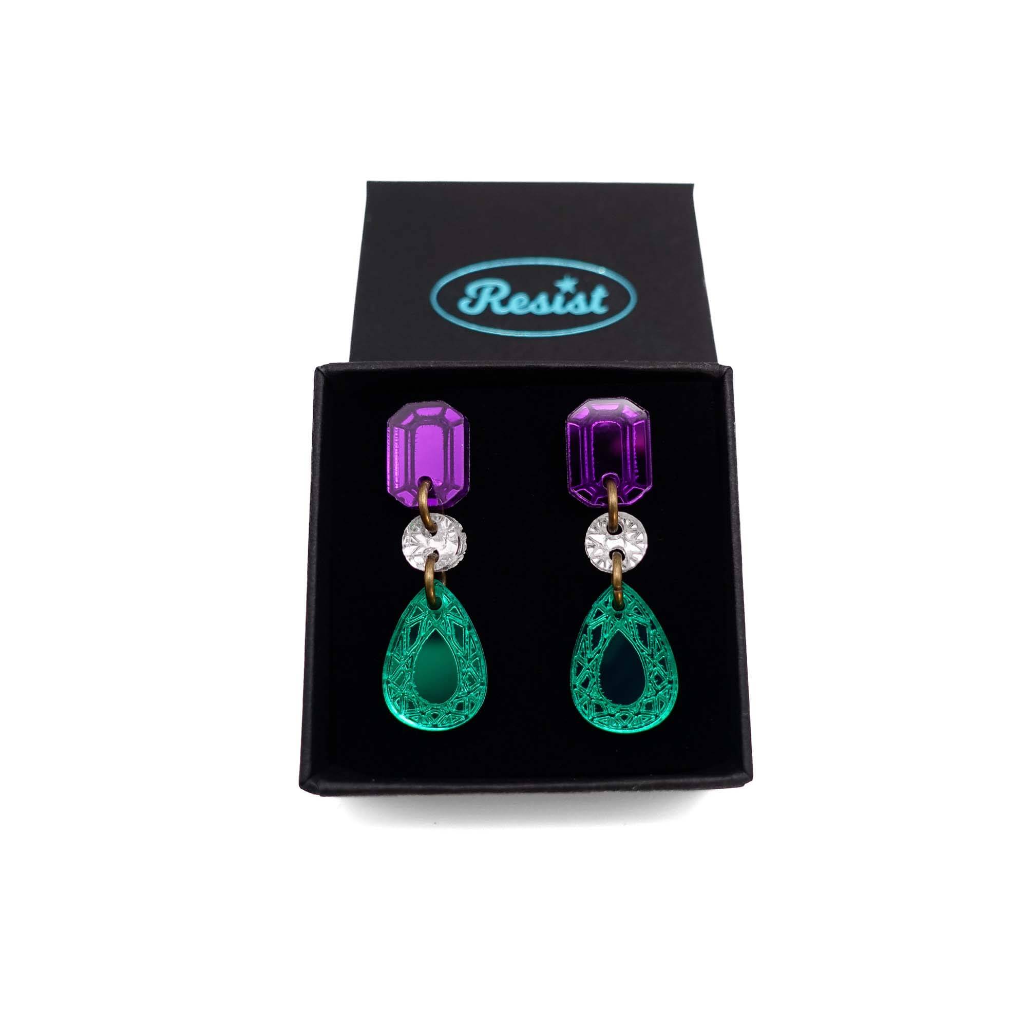 Purple white and green Suffragette drop earrings in a Wear and Resist gift box.