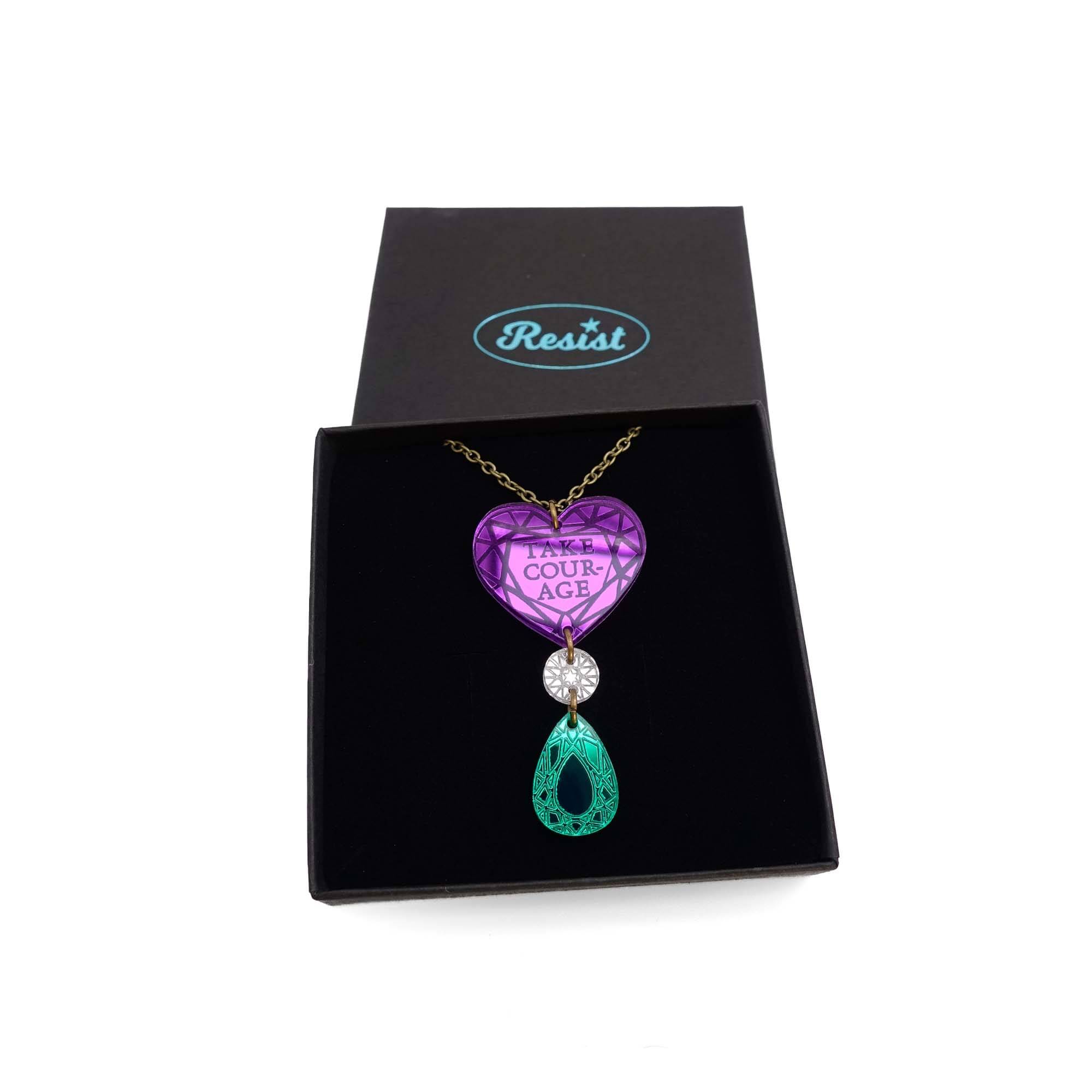 Take Courage heart drop pendant necklace in the Suffragette colours shown in a Wear and Resist gift box.
