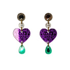 Heart-shaped earrings with 'Take Courage' text and green teardrop charms on a white background inspired by Christabel Pankhurst.'s speech: 'Remember the dignity of your womanhood. Do not appeal, do not beg, do not grovel. Take courage, join hands, stand beside us, fight with us!'