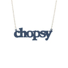 Welsh slate Chopsy necklace shown hanging against a white backround.