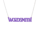 A necklace that says 'Wordsmith' in parma violet, shown hanging against a white background.