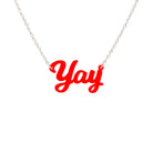 Yay necklace in hot red shown hanging against a white background.