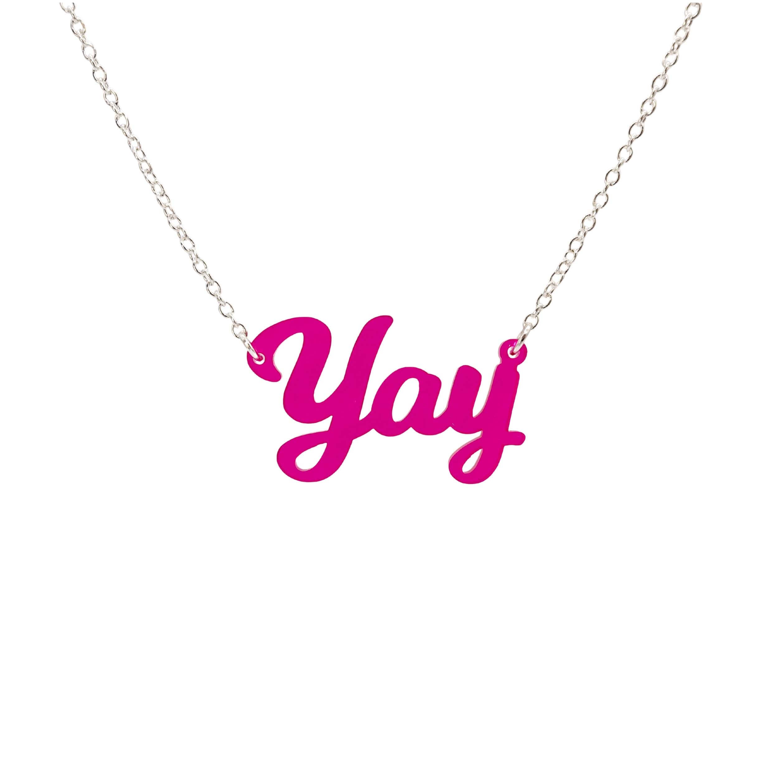 Yay necklace in neon pink shown hanging against a white background.
