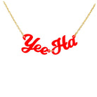 A red Yee Ha necklace shown hanging against a white background.
