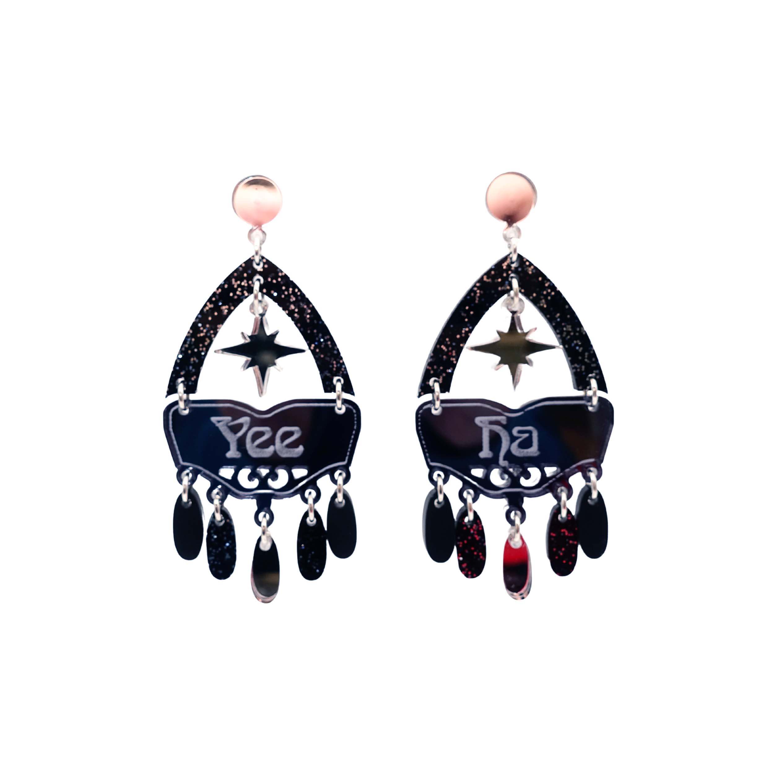Western style statement earrings in midnight colourway with the words Yee Ha engraved on them and a silver star.