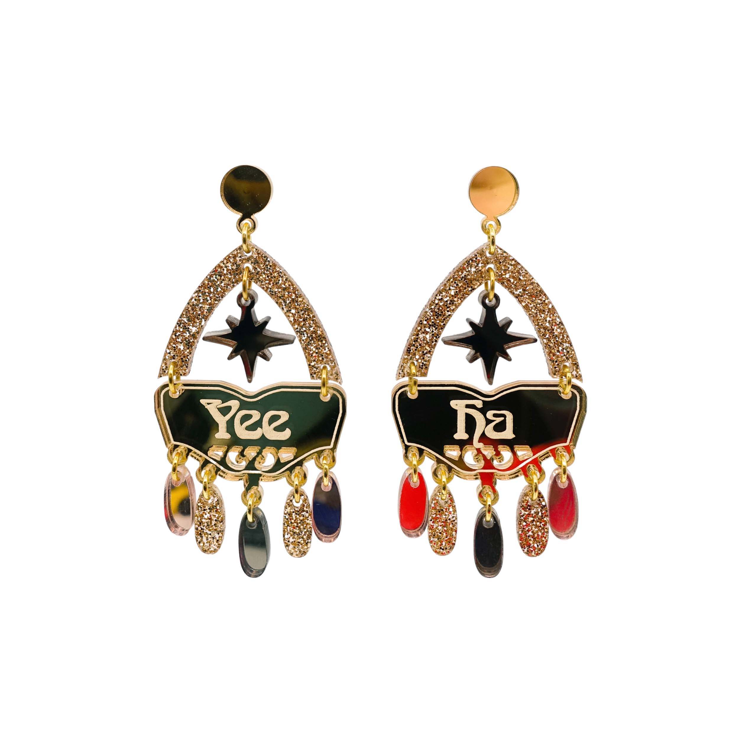 Western style statement earrings in golden colourway with the words Yee Ha engraved on them and a bronze star.