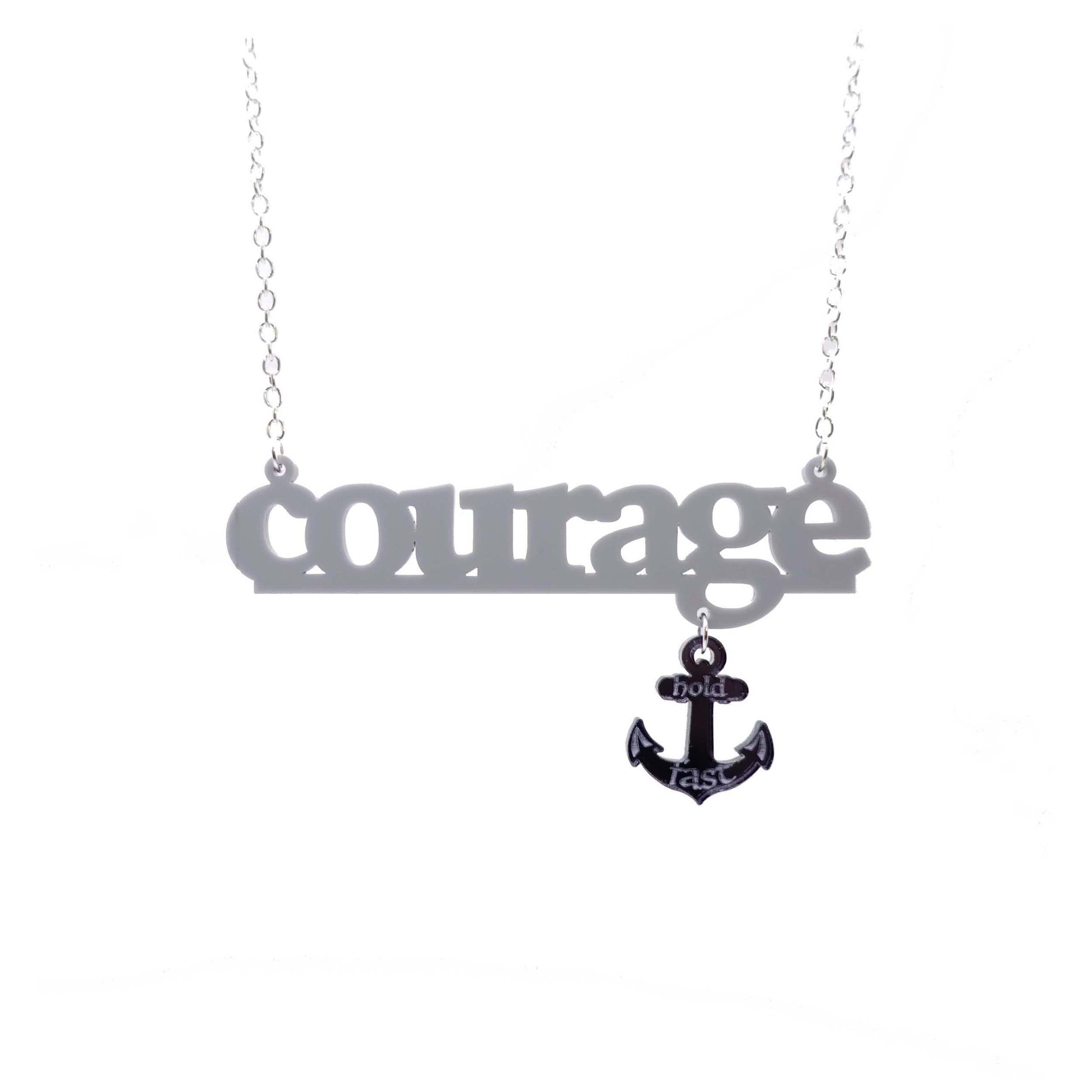 Courage necklace in grey with slate dangling anchor etched with the words, 'hold fast,' shown hanging against a white background.